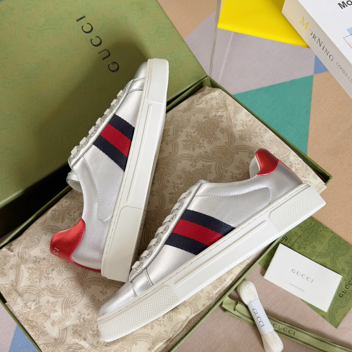 Gucci Ace Leather Sneakers Silver