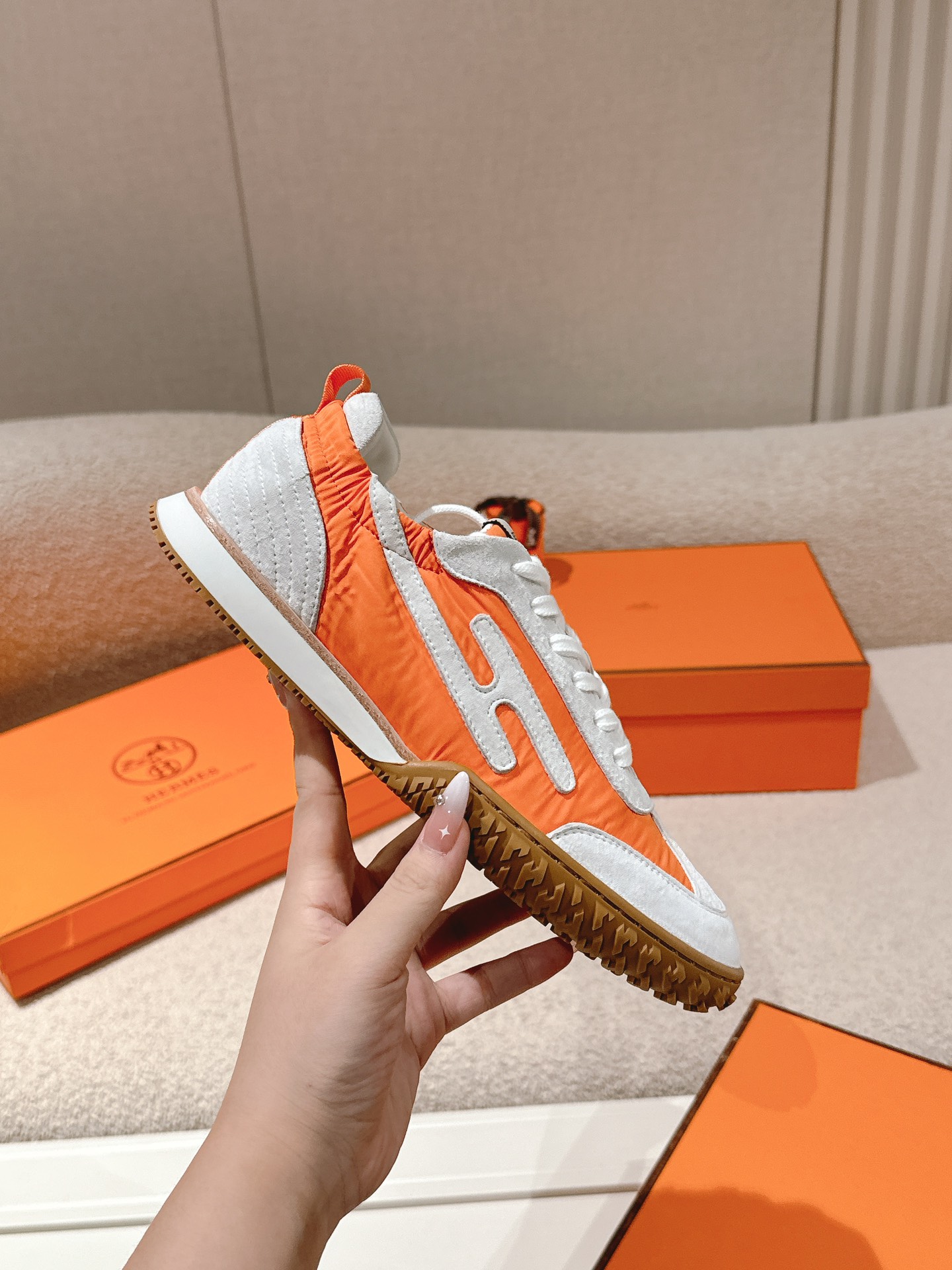 Hermes Suede Leather H Sneaker Orange