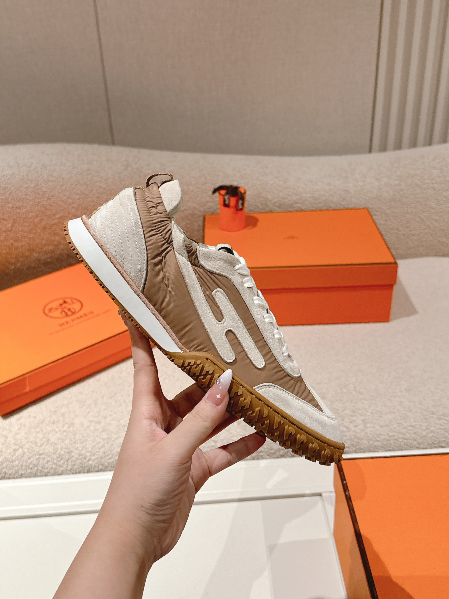 Hermes H Suede Sport Sneakers Tan/White