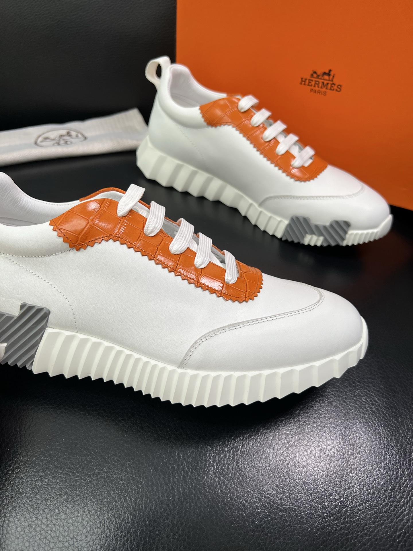 Hermes Leather Chunky Sneakers White/Orange