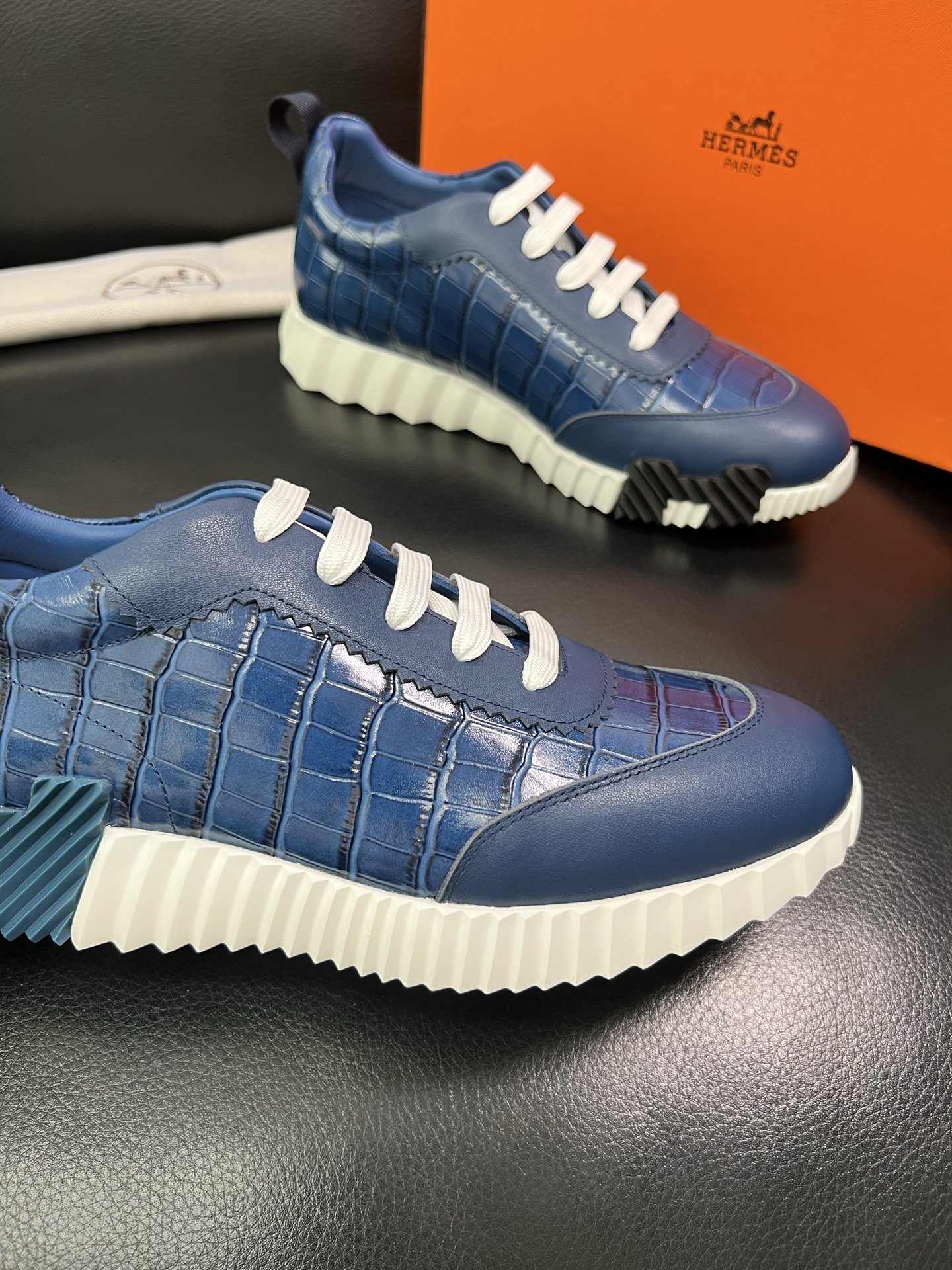 Hermes Croc-Embossed Leather Sneakers Blue