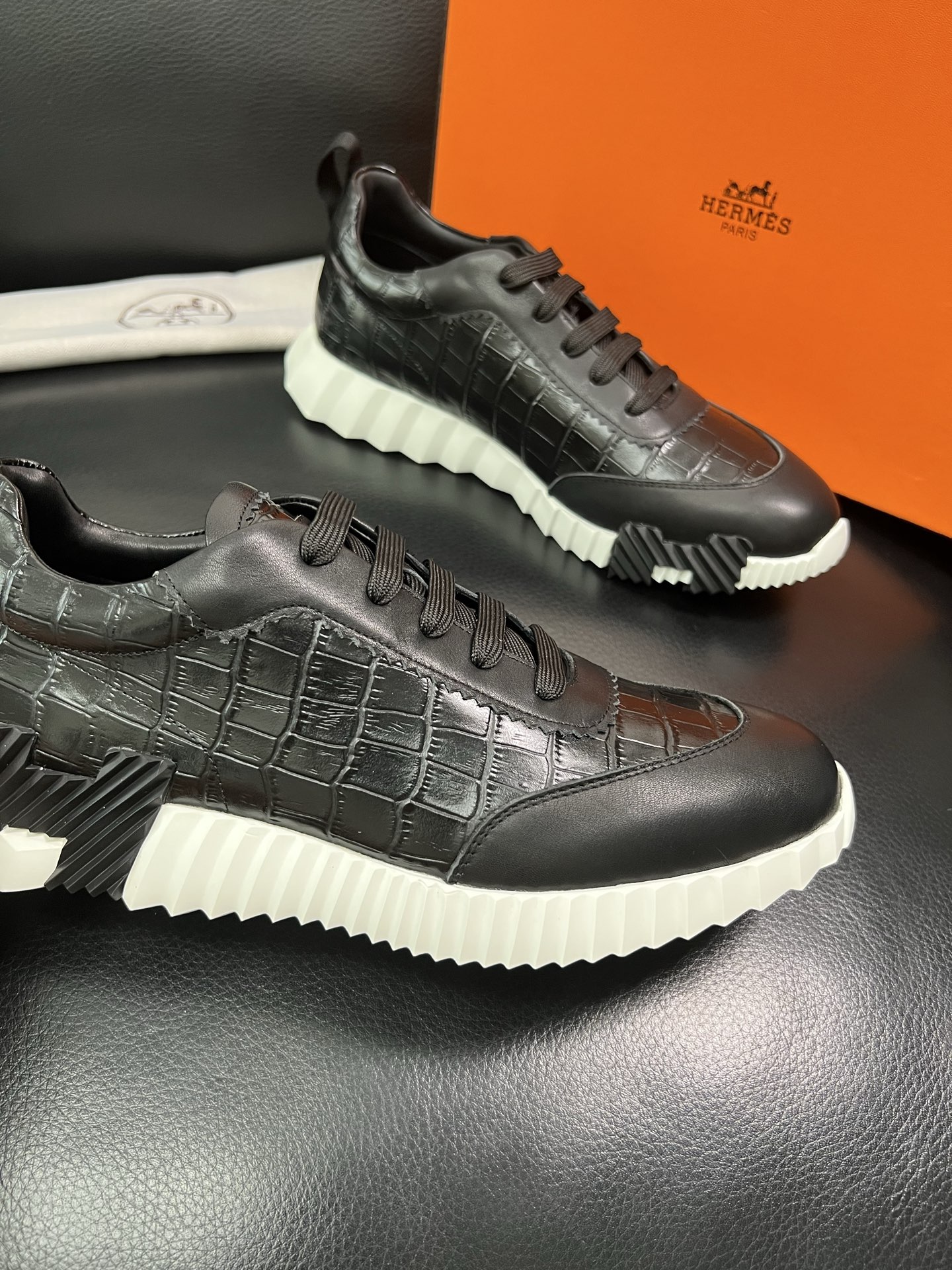 Hermes Croc-Embossed Sneakers Black