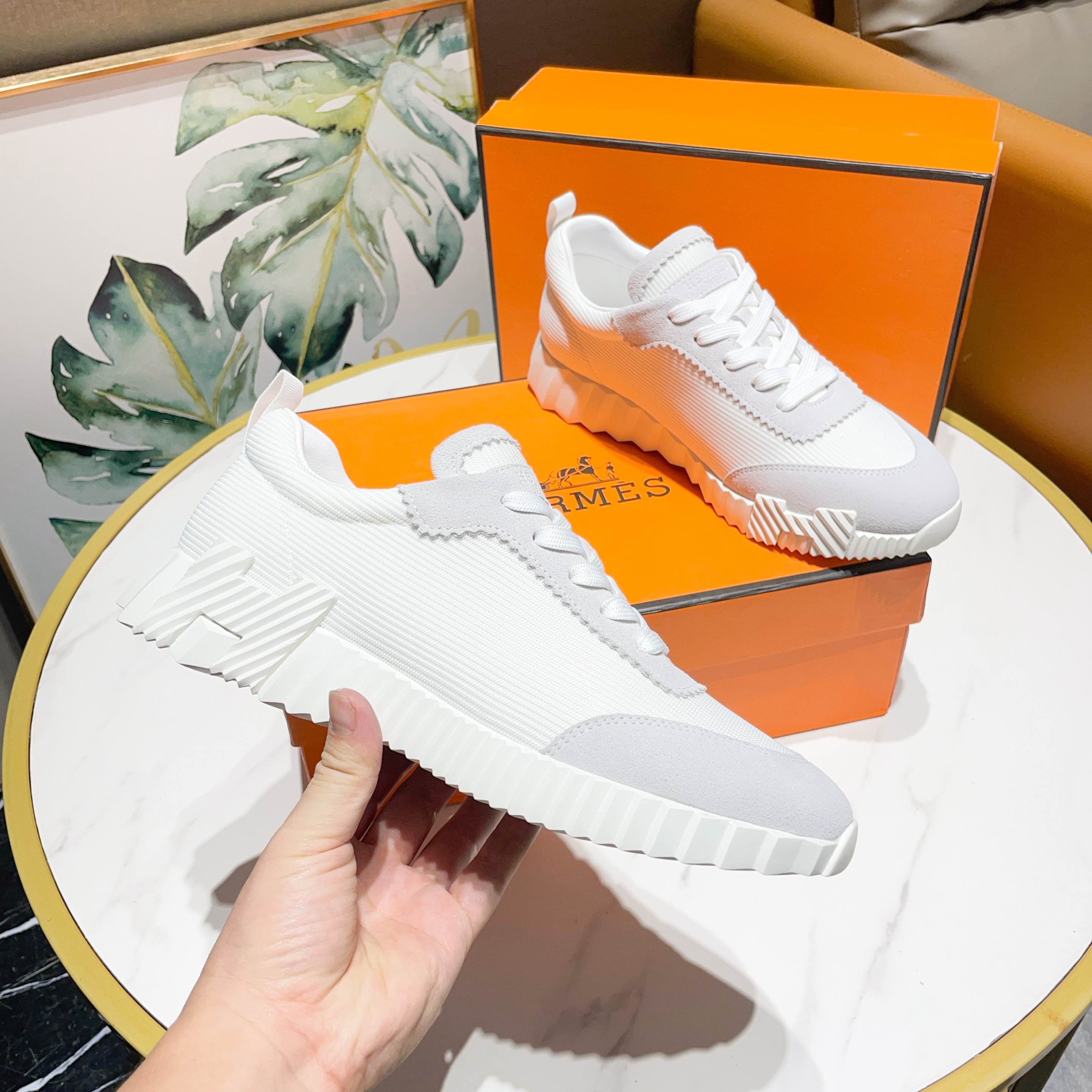 Hermes H Logo Canvas Sneaker White