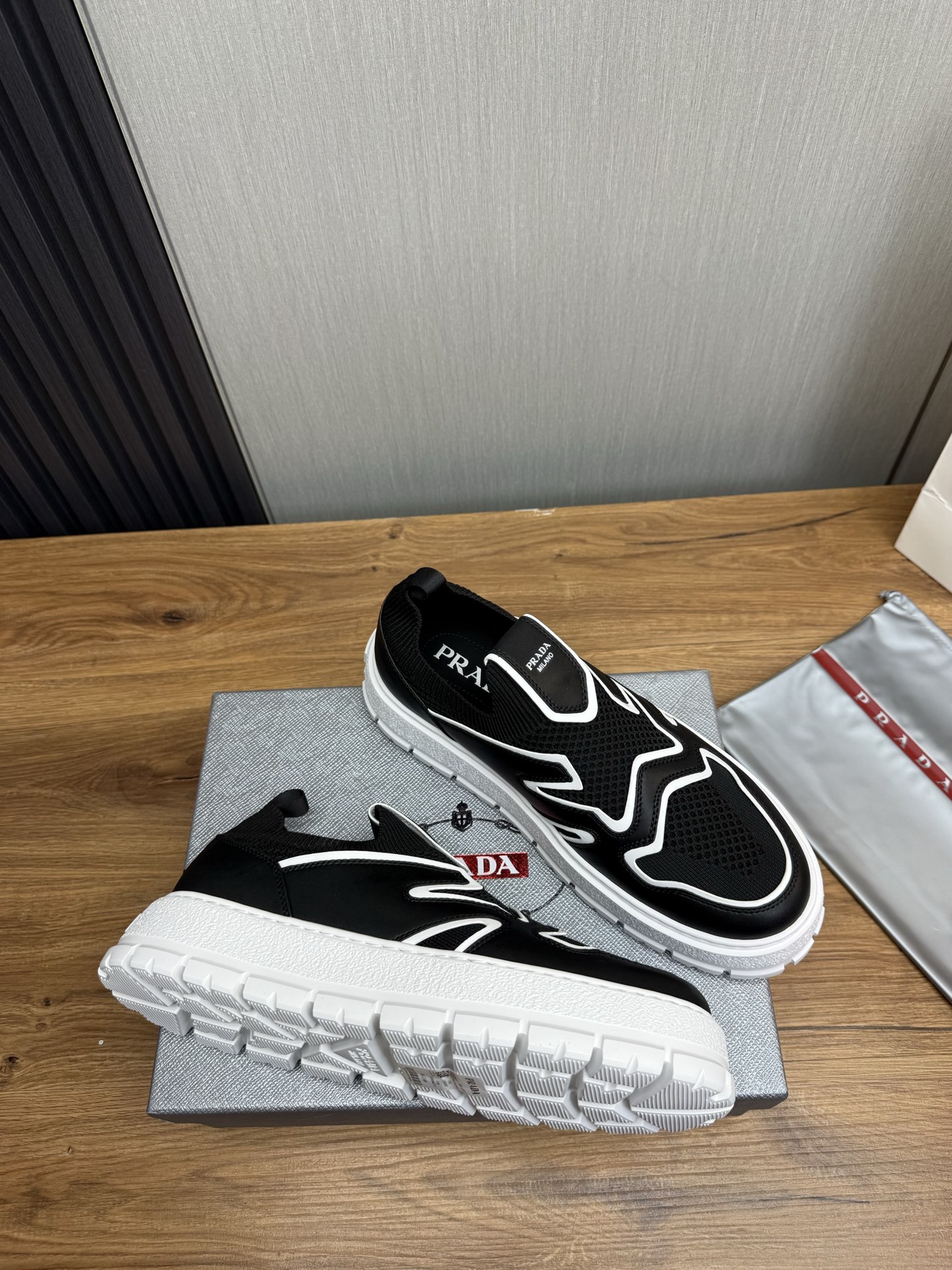 Prada Milano Mesh Slip-On Sneakers Black/White