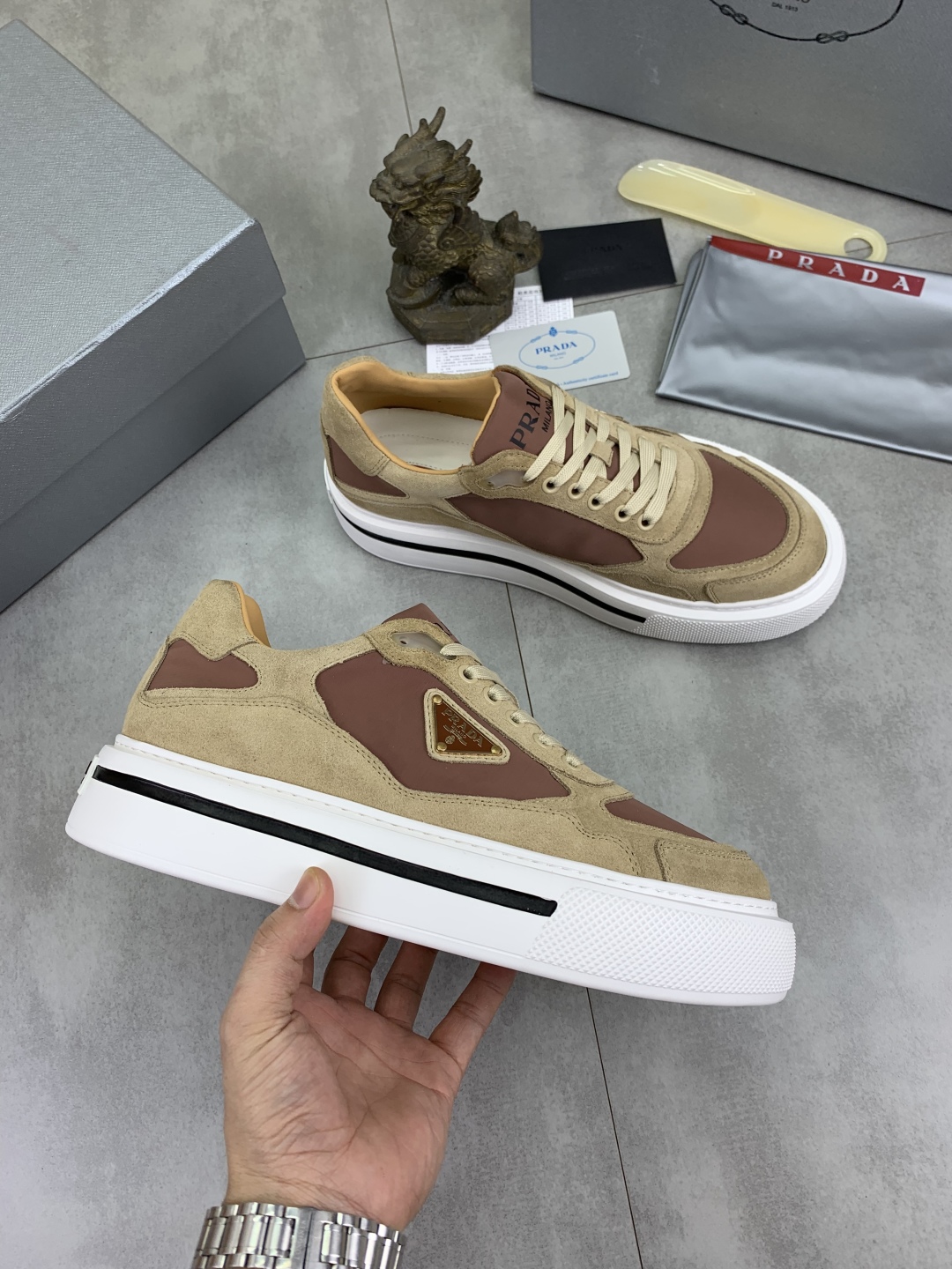 Prada Milano Leather Suede Low-Top Sneakers Khaki Brown