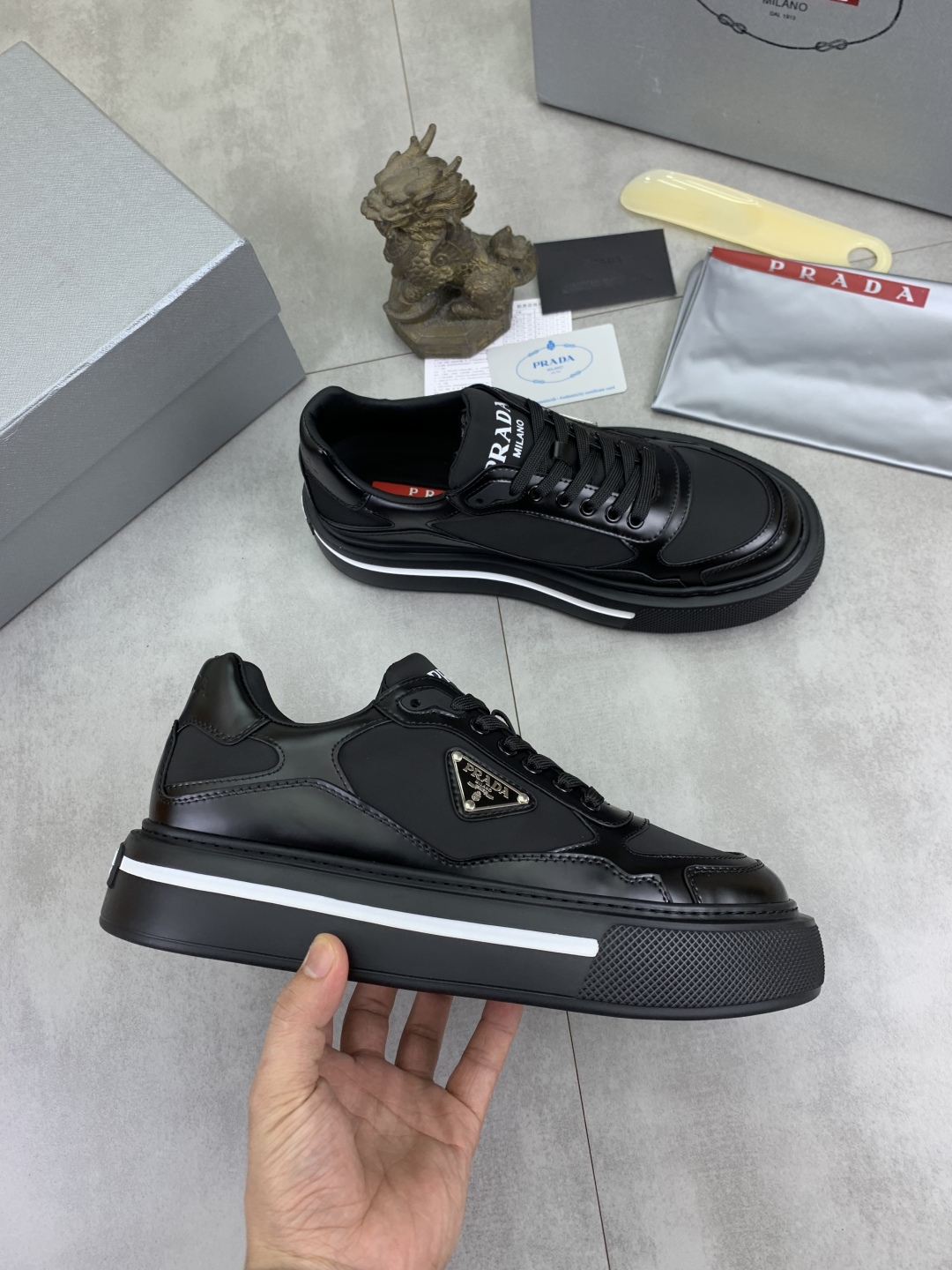 Prada Milano Leather Platform Sneakers Black