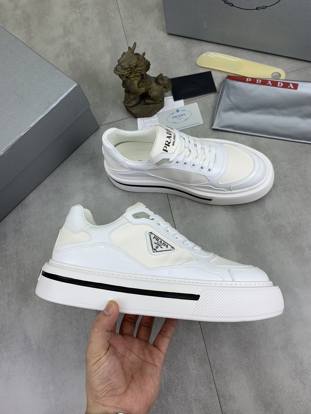 Prada Milano Leather Platform Sneakers White