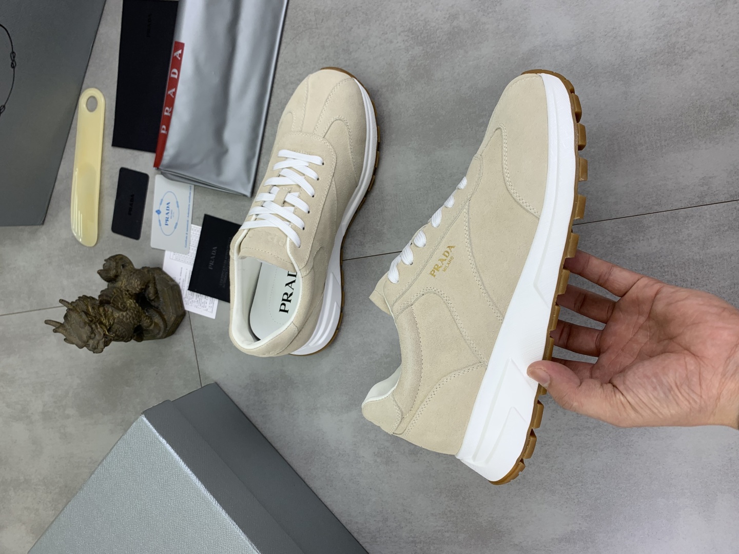 Prada Suede Calfskin Sneakers Beige