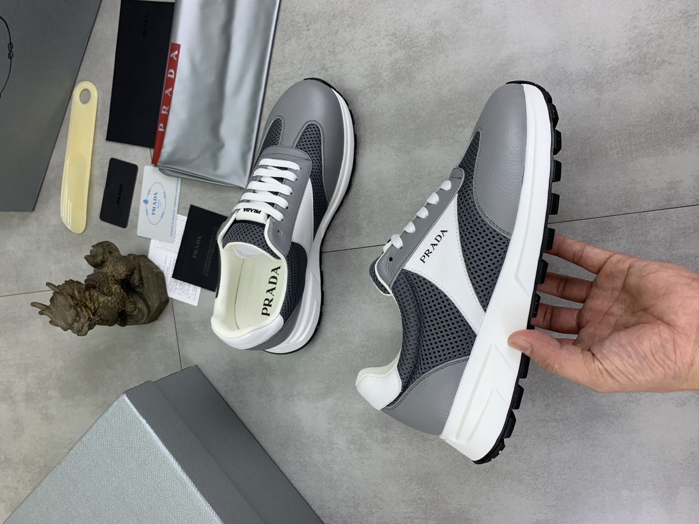 Prada Calfskin Mesh Sneakers Grey