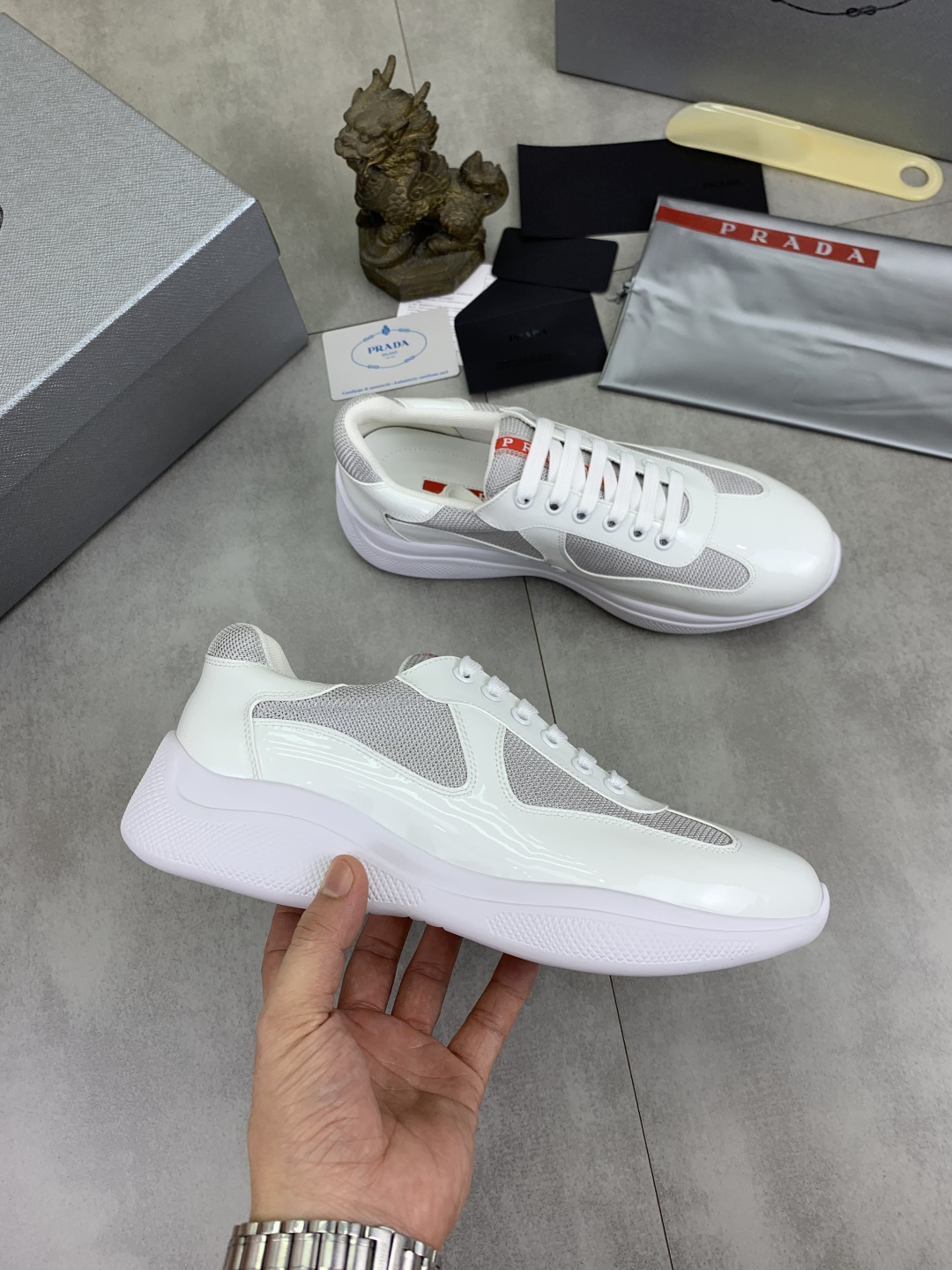 Prada Mesh Leather Sneakers White