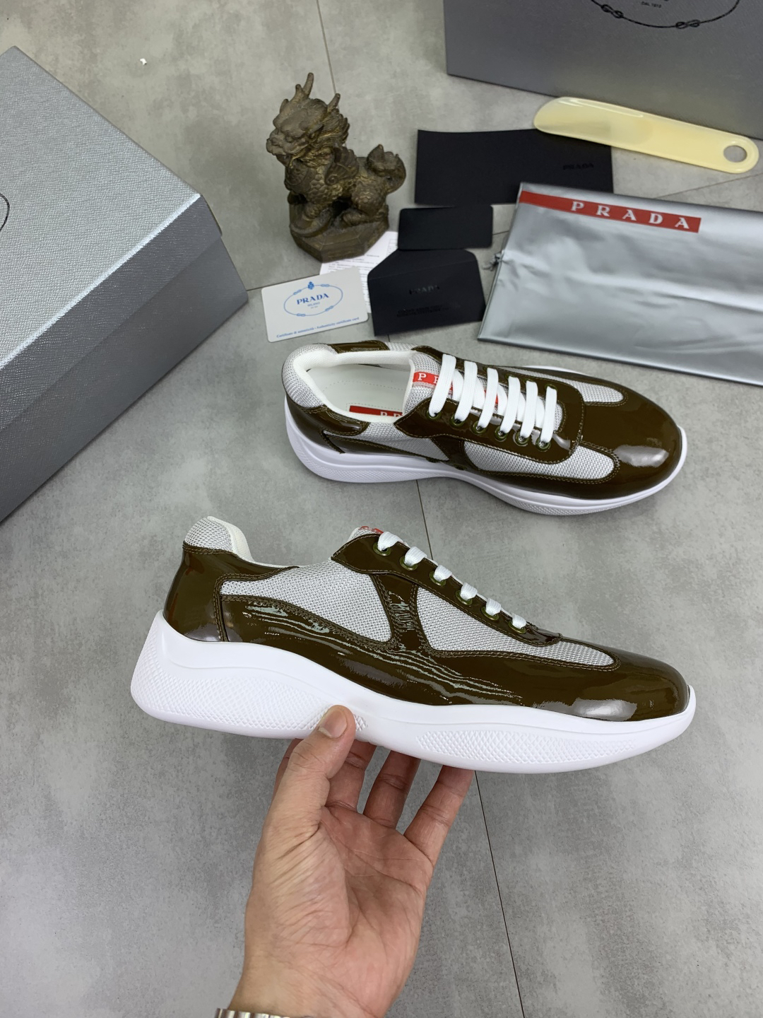 Prada Leather Mesh Sneakers Olive