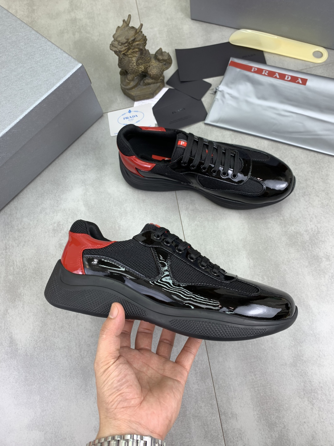Prada Leather Mesh Sneakers Black/Red