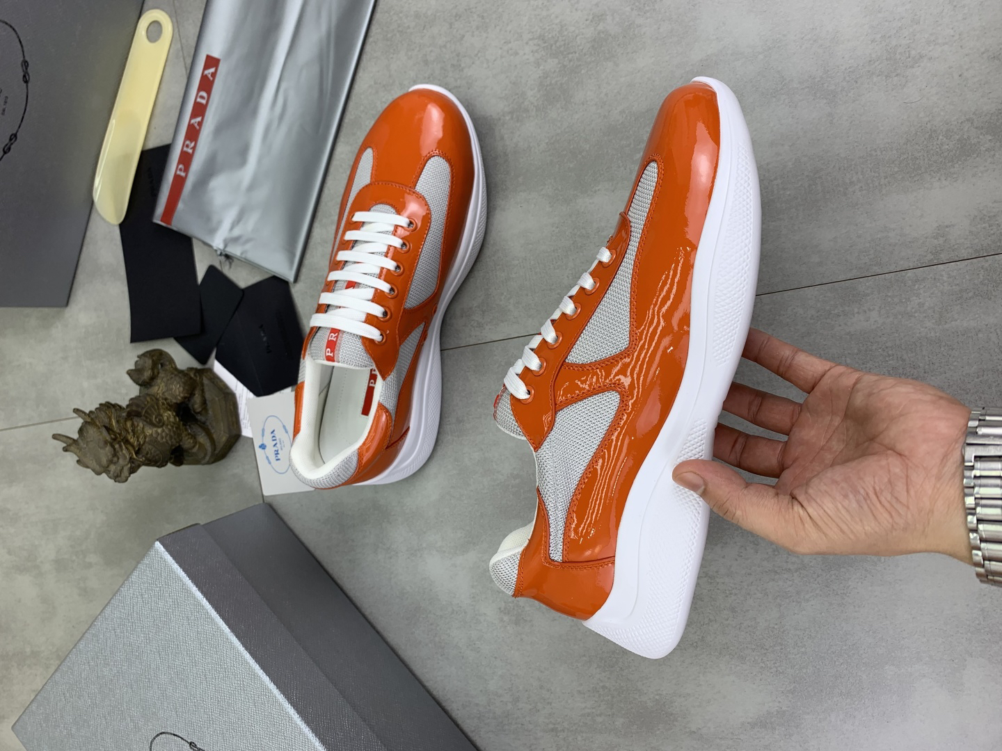 Prada Leather Mesh Sneakers Orange