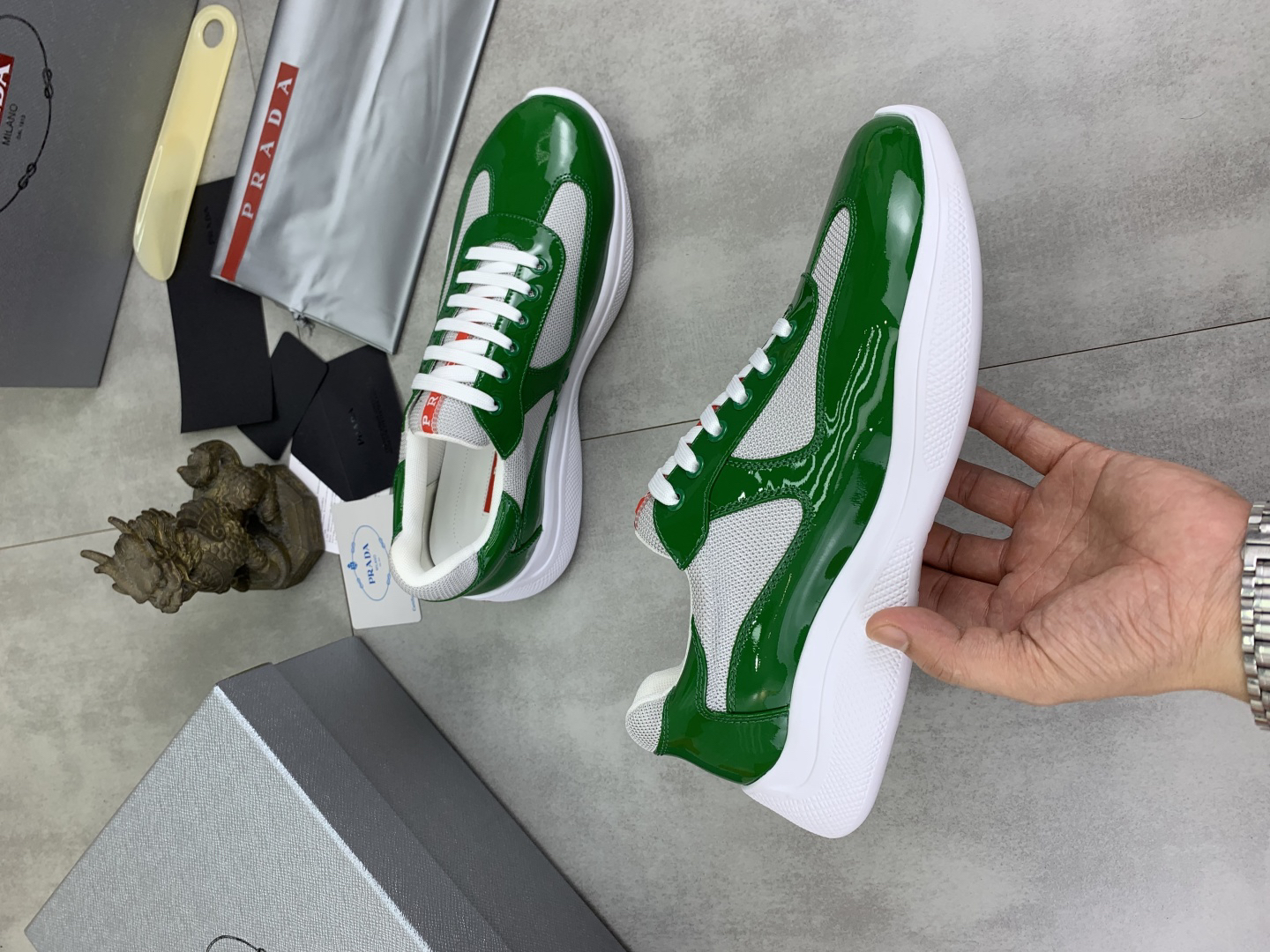 Prada Leather Mesh Low-Top Sneakers Green