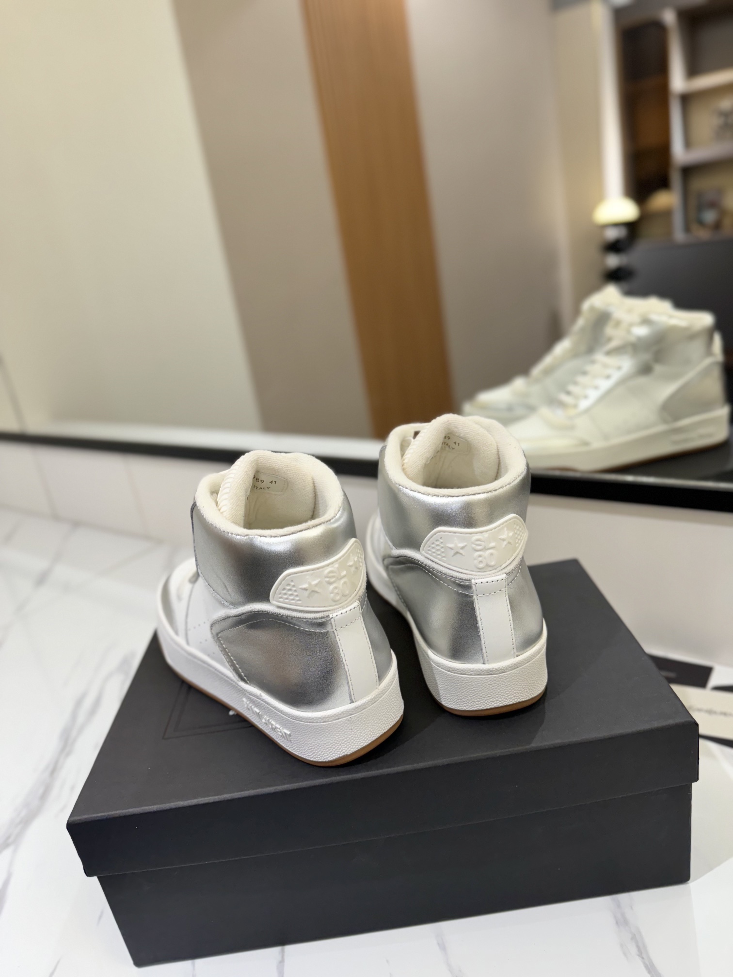 YSL SL61 Leather High-Top Sneakers Silver/White