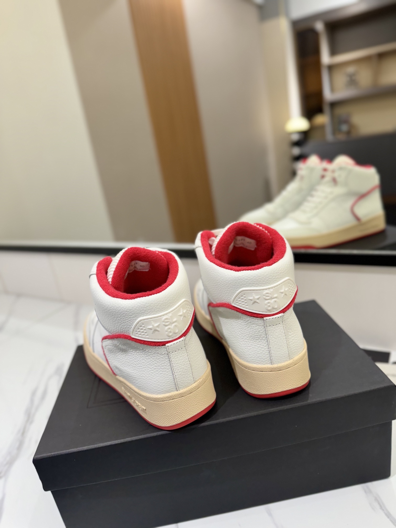 YSL SL61 Leather High-Top Sneakers White/Red