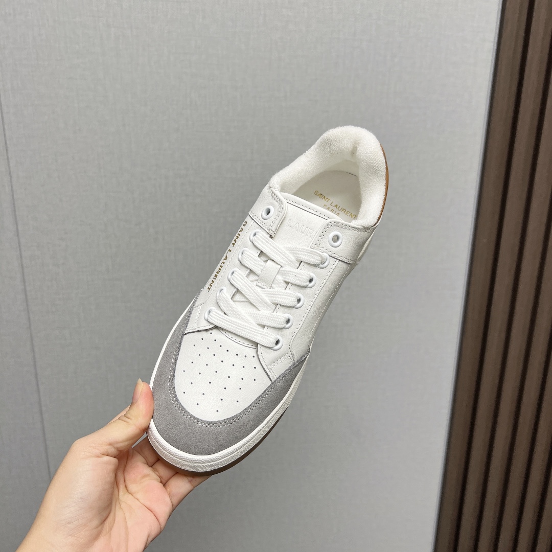YSL SL/61 Low-Top Leather Sneakers White/Grey/Tan