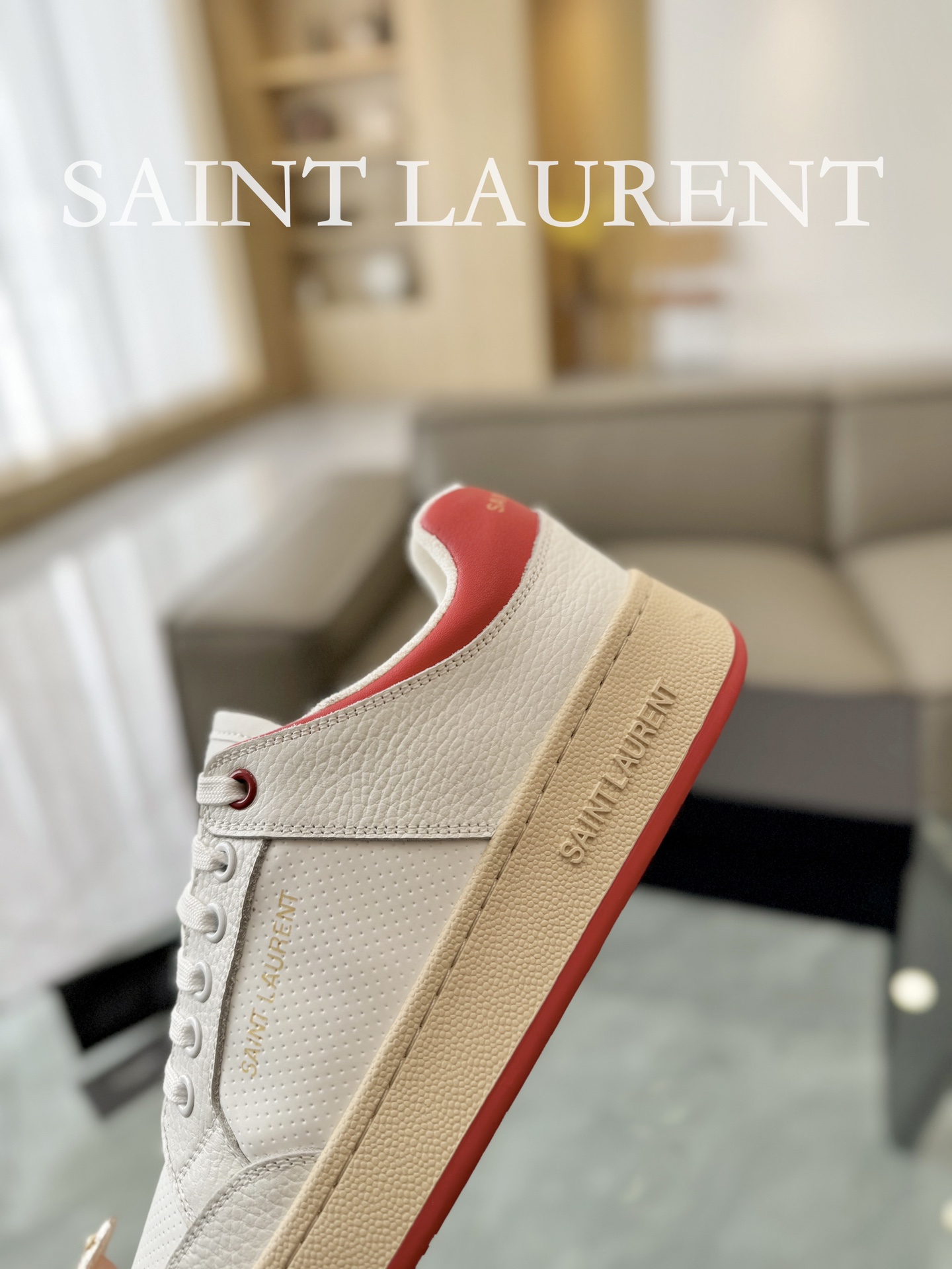 YSL SL61 Leather Low-Top Sneakers White/Red