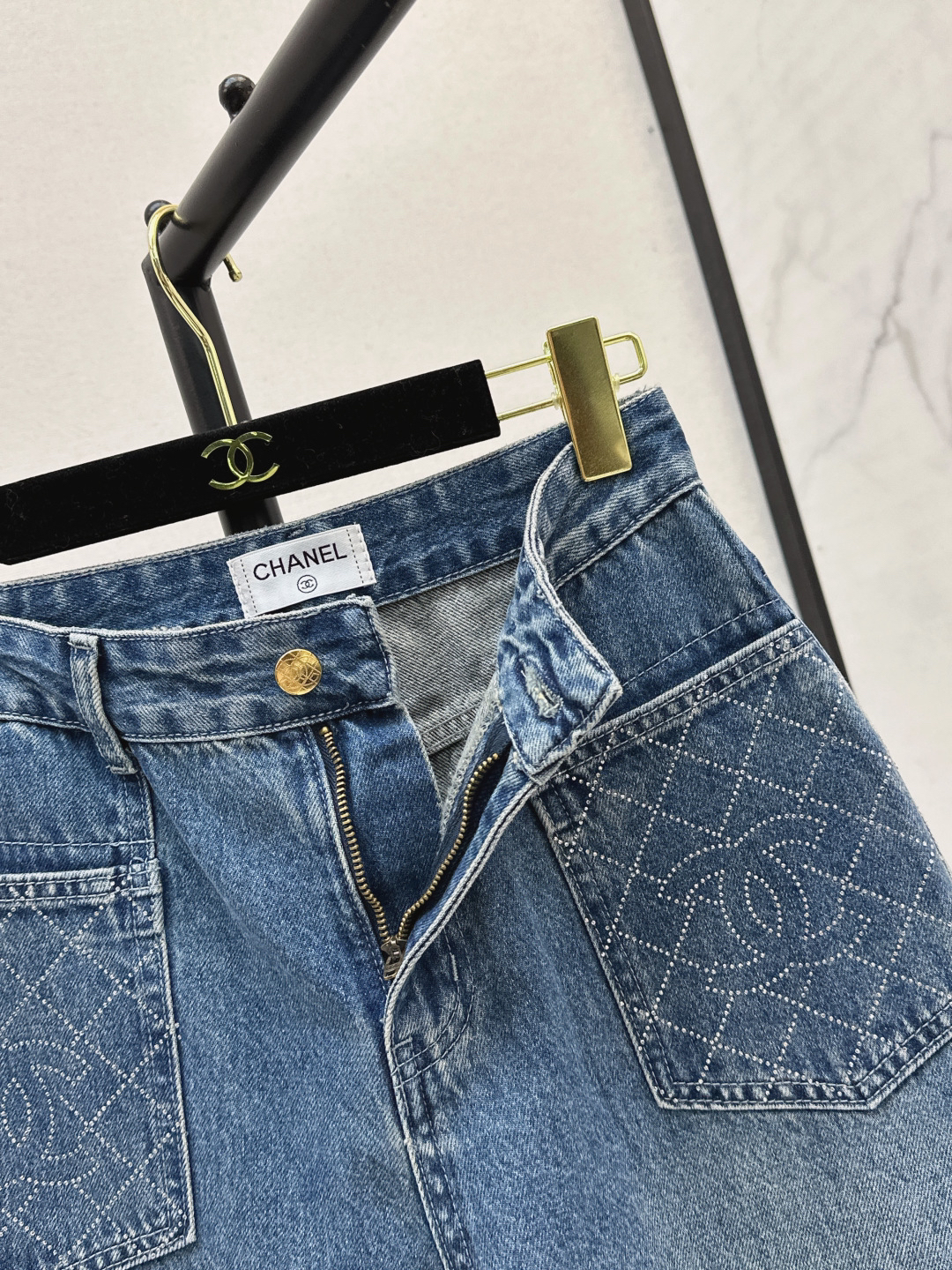 Chanel Logo Quilted Straight Jeans Blue