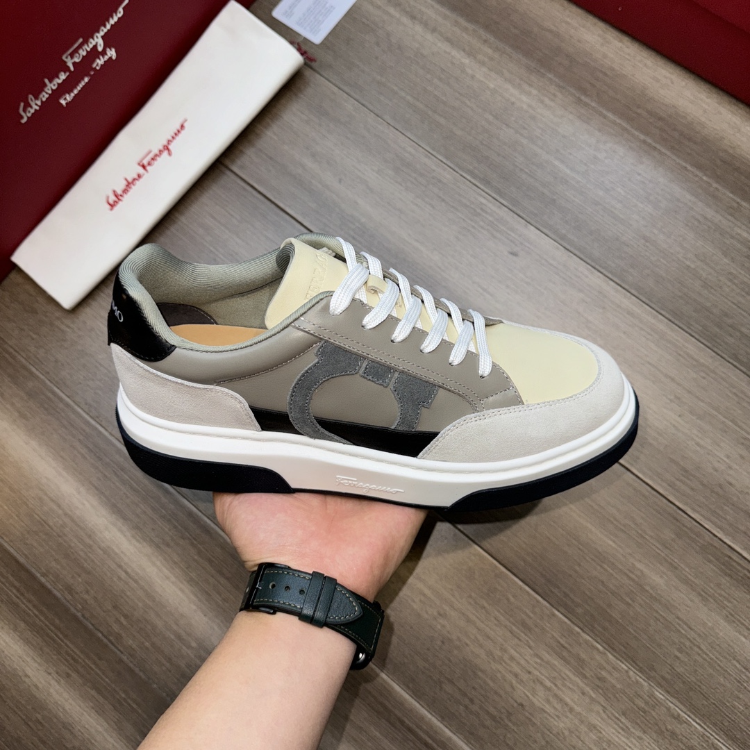 Ferragamo Suede Leather Low-Top Sneakers Grey/White/Black