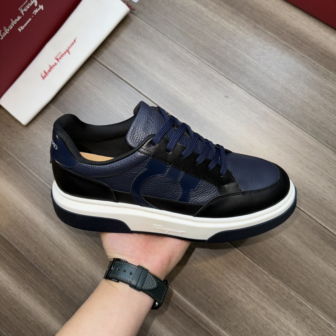 Ferragamo Logo Stitch Low-Top Sneakers Navy/Black