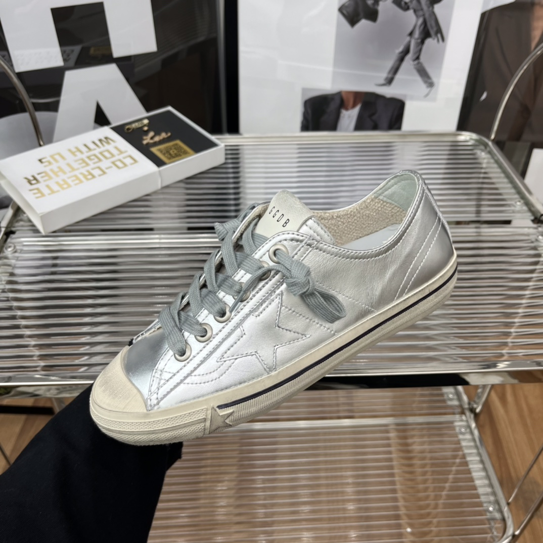 Golden Goose V-Star2 Distressed Sneakers Silver