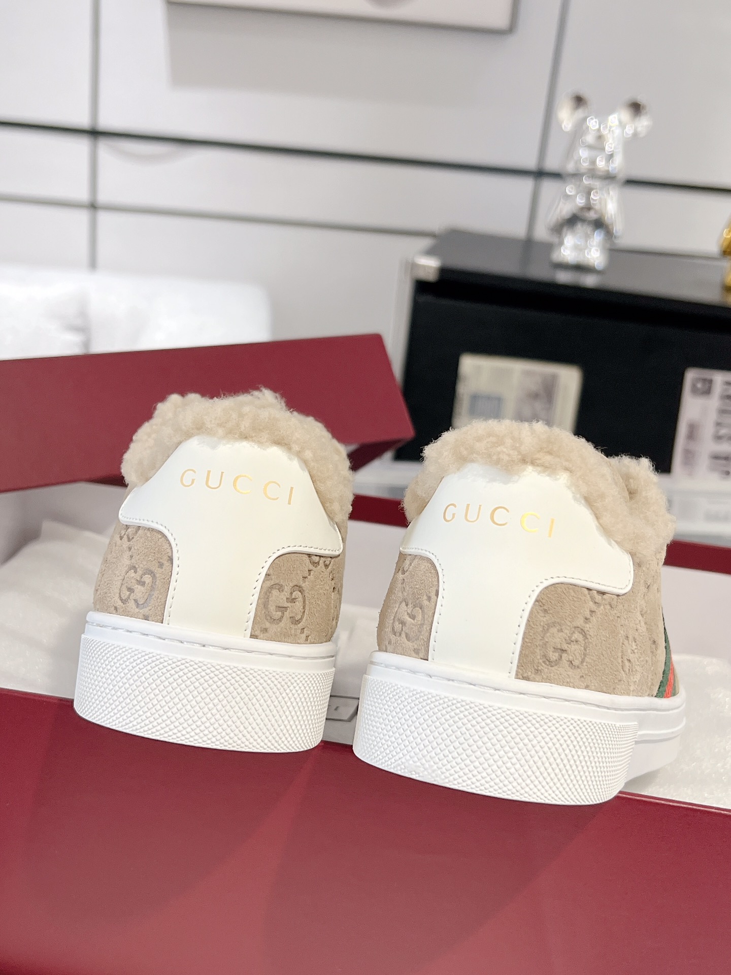 Gucci Ace GG Suede Shearling Sneakers Beige
