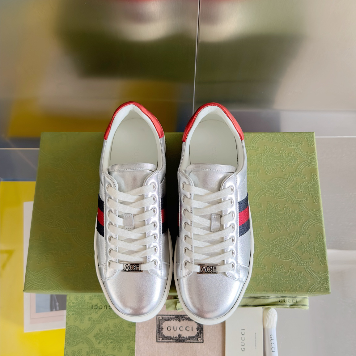 Gucci Ace Leather Sneakers Silver