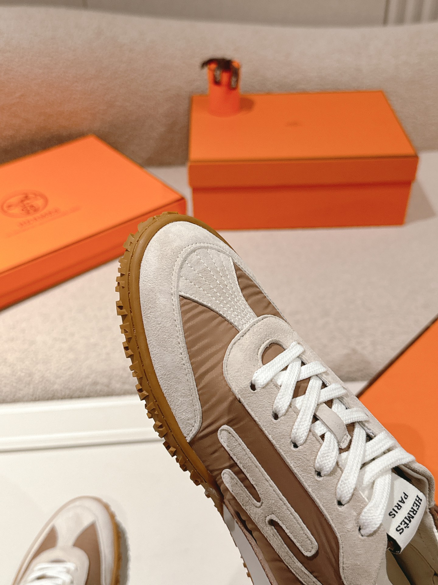 Hermes H Suede Sport Sneakers Tan/White