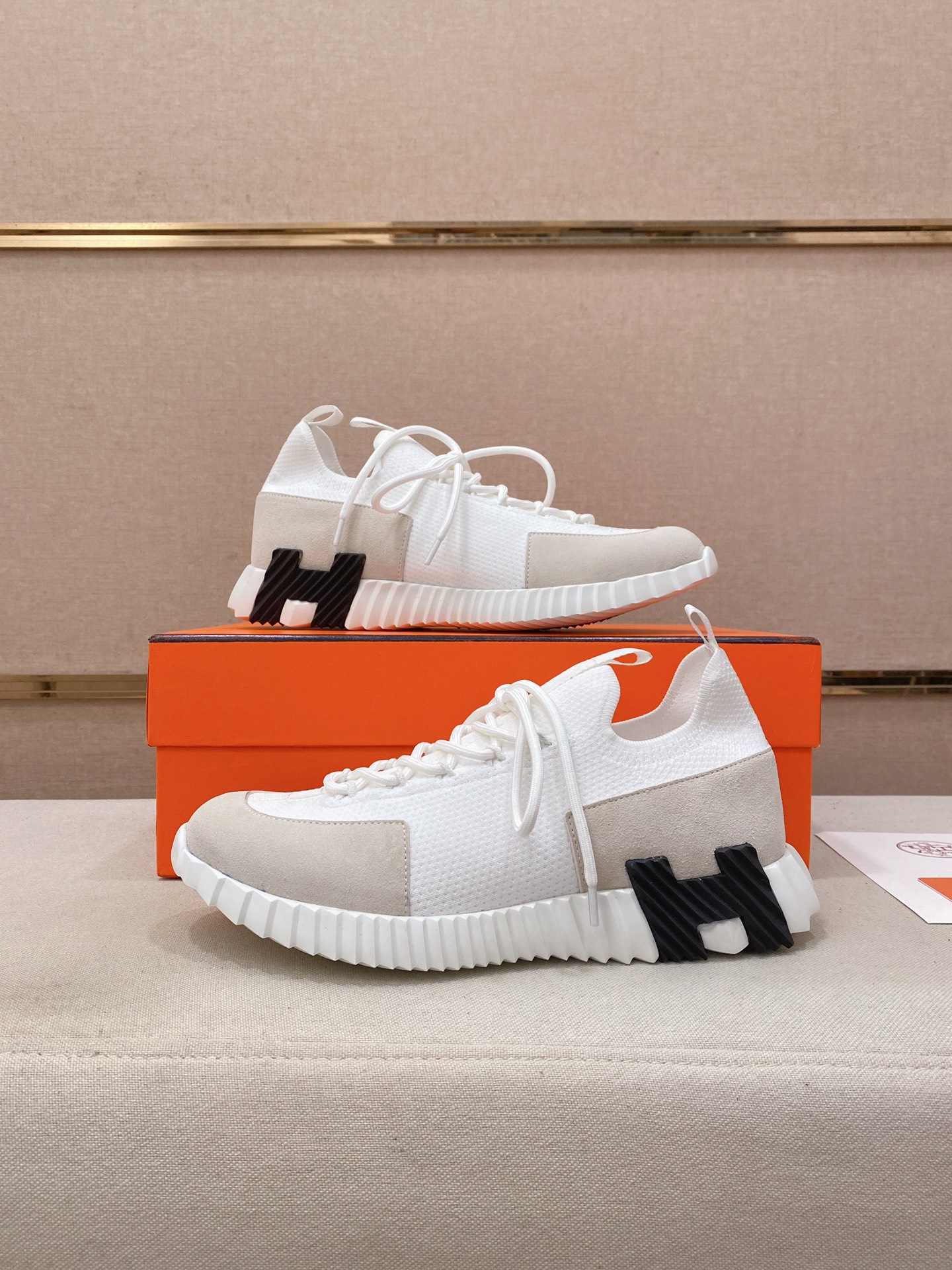 Hermes Knit Suede Sneakers White