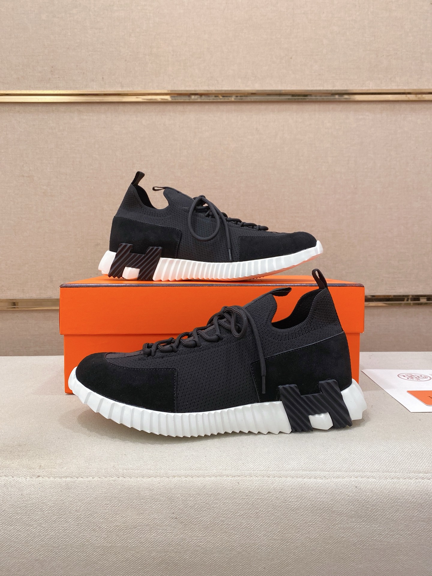 Hermes Knit Leather Sneakers Black