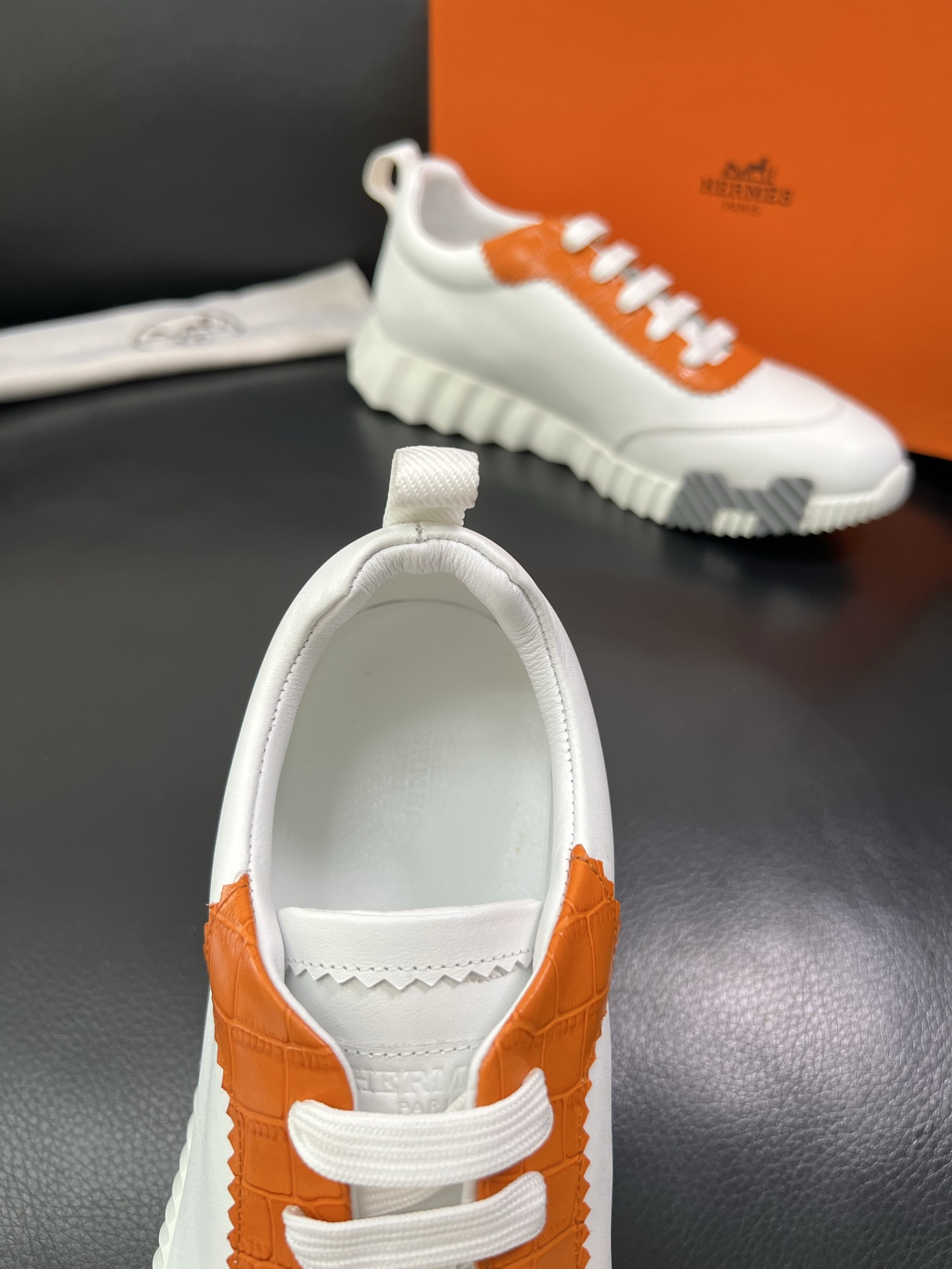 Hermes Leather Chunky Sneakers White/Orange