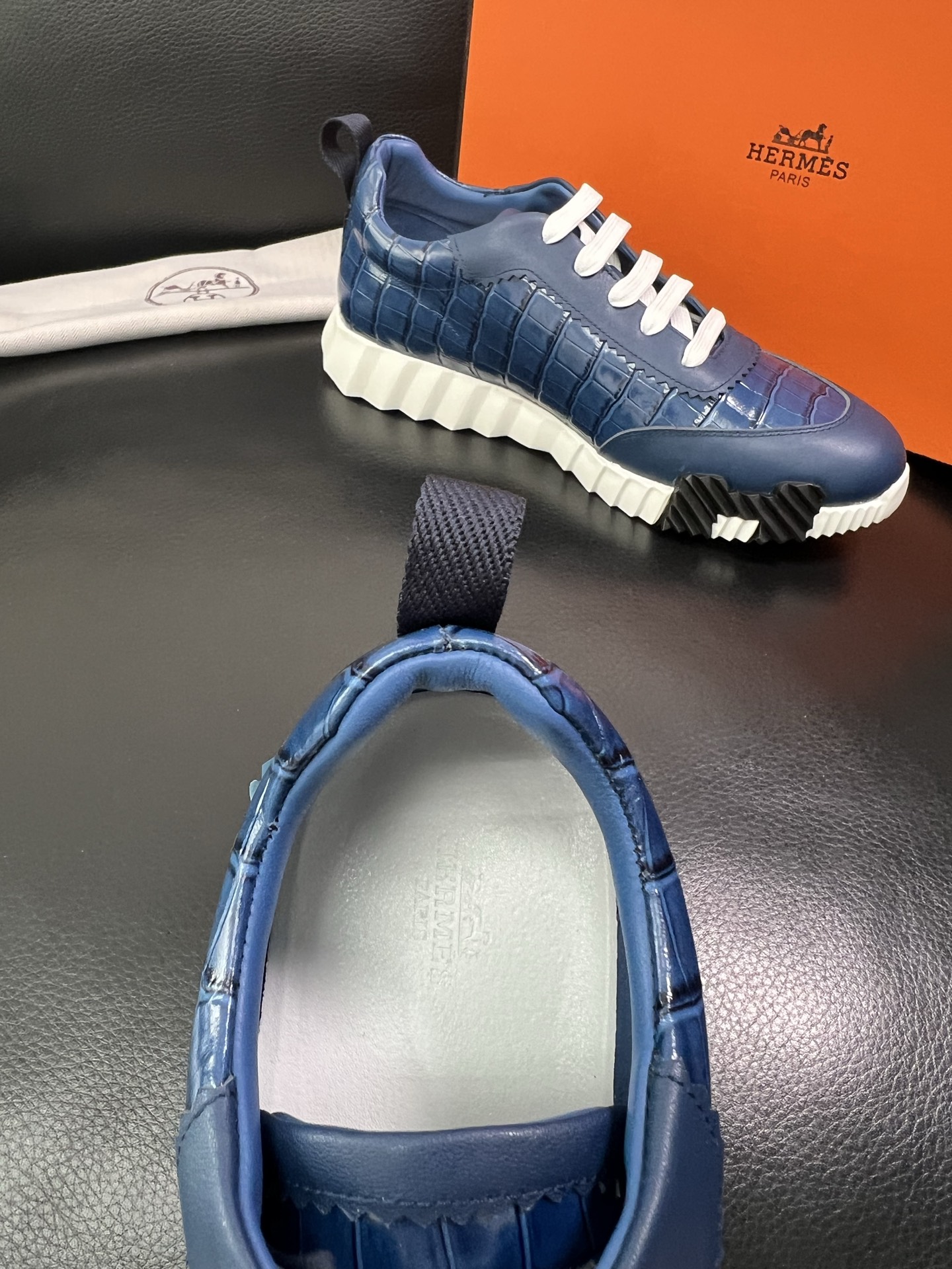 Hermes Croc-Embossed Leather Sneakers Blue