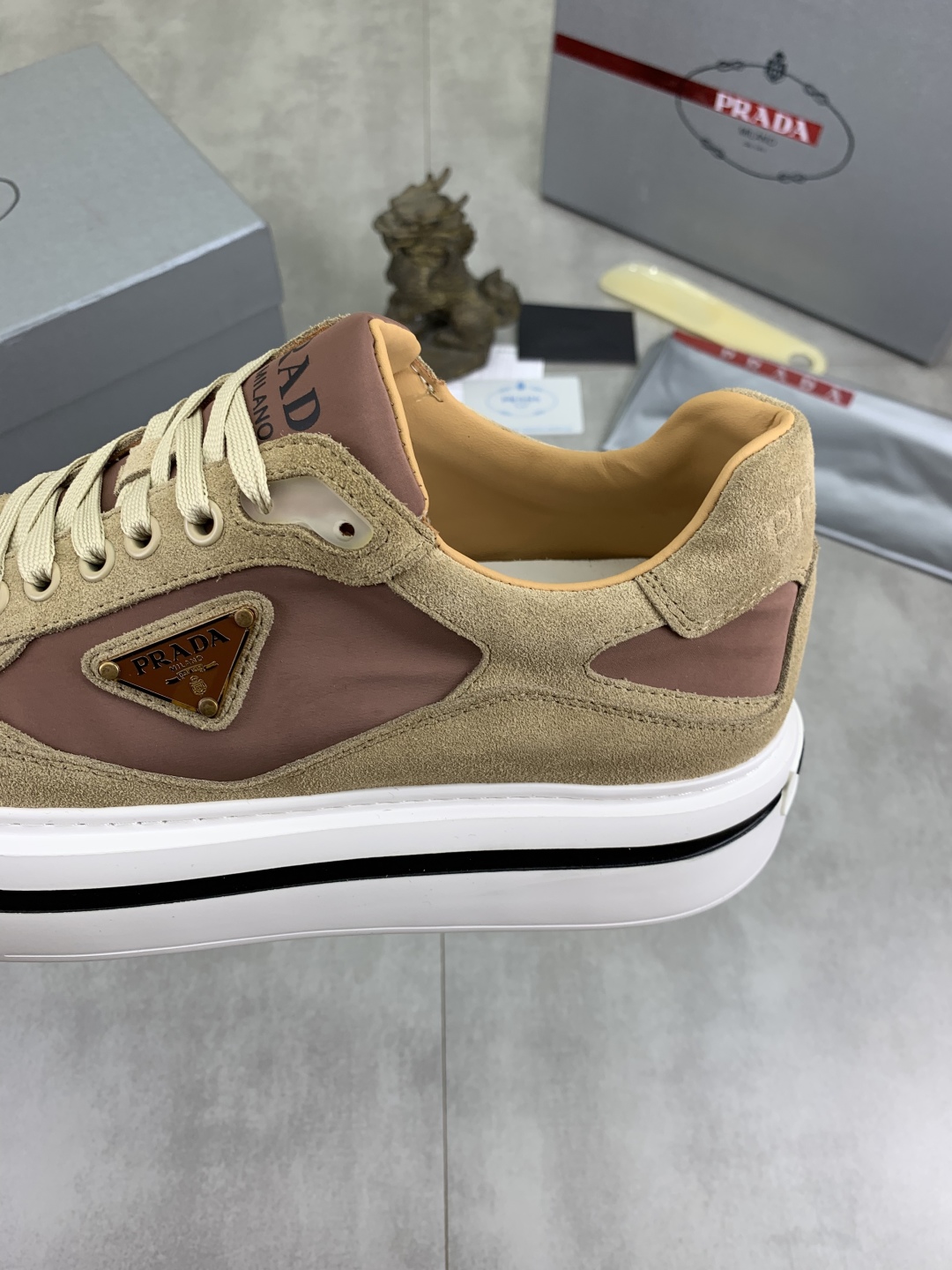 Prada Milano Leather Suede Low-Top Sneakers Khaki Brown