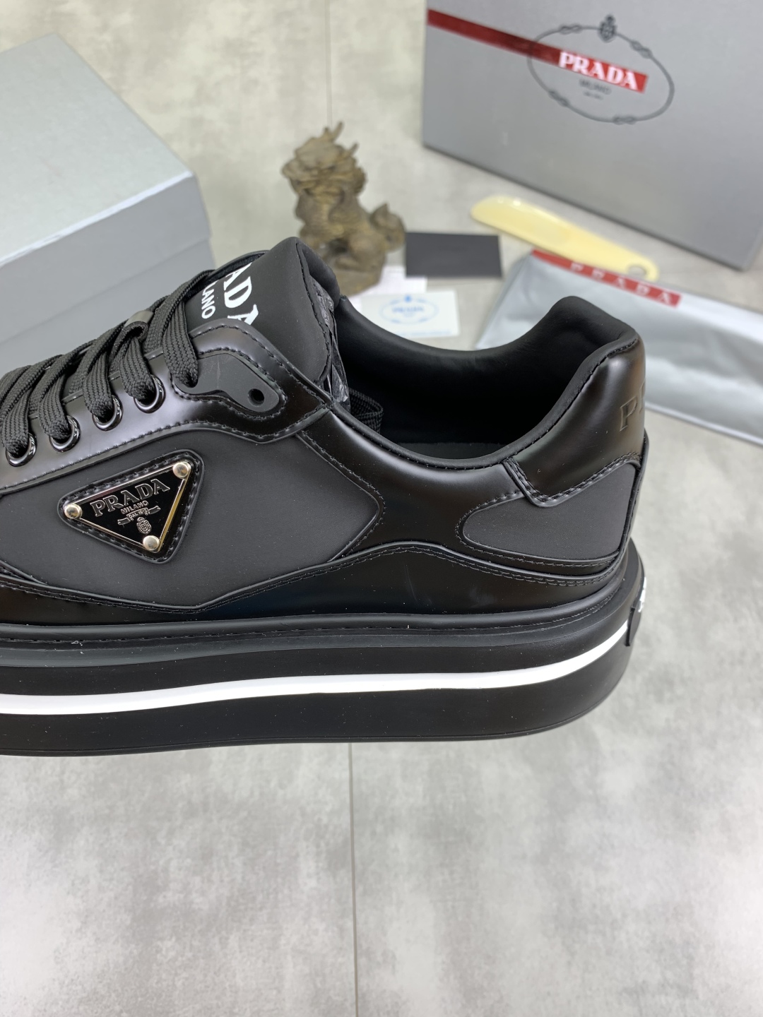 Prada Milano Leather Platform Sneakers Black