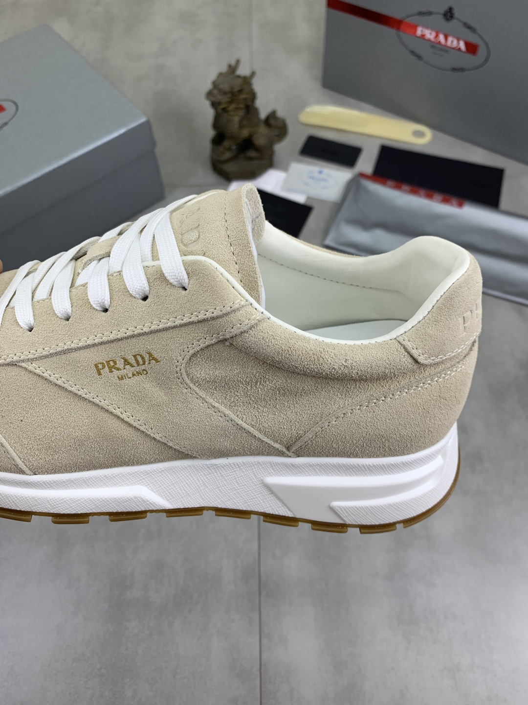 Prada Suede Calfskin Sneakers Beige