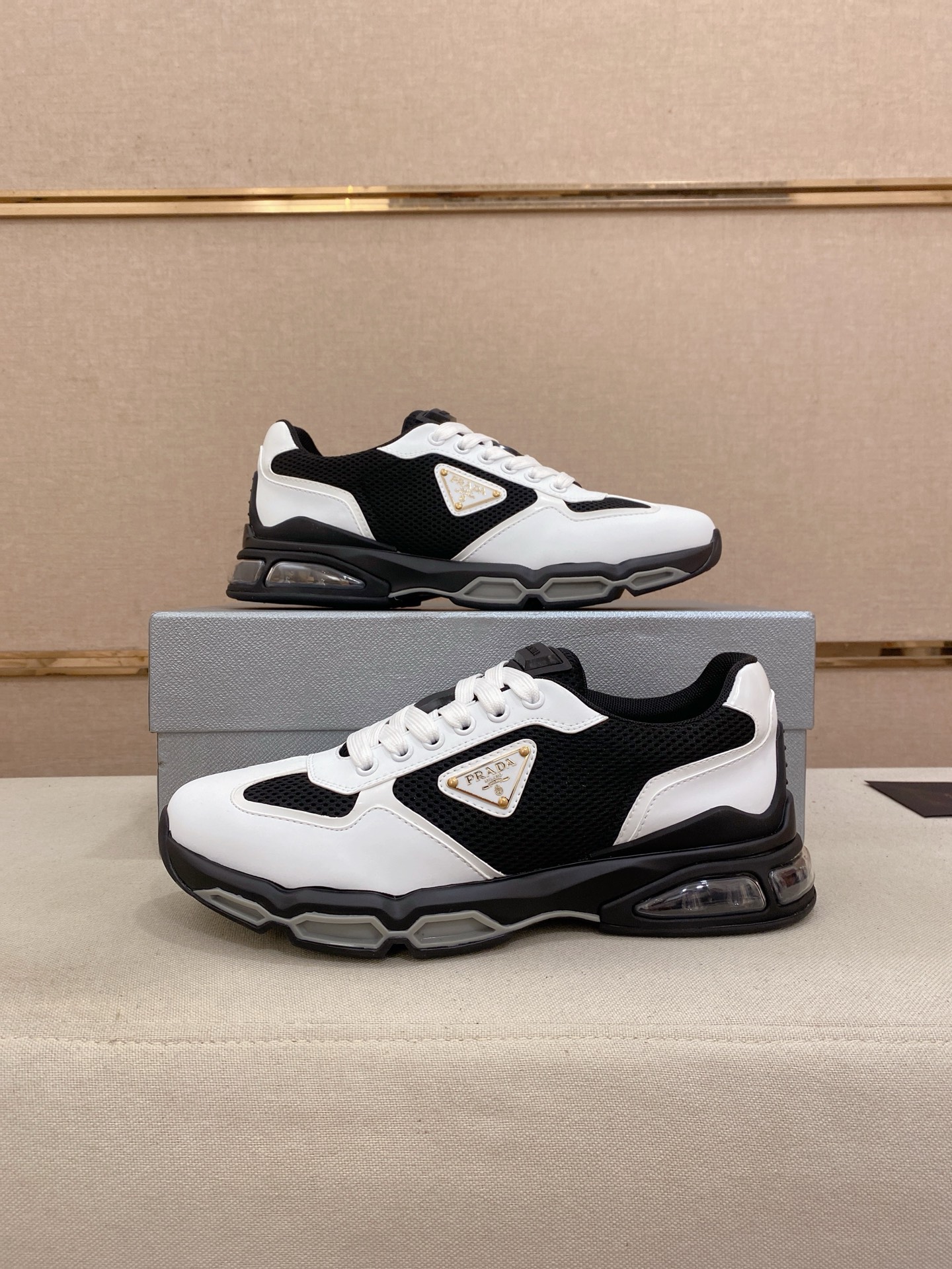Prada Air-Cushion Mesh Sneakers Black/White