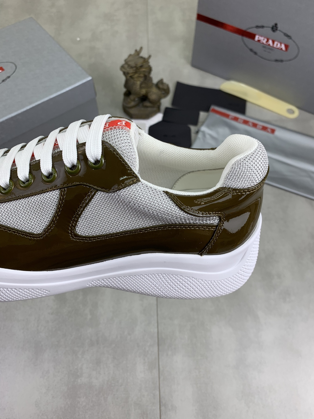 Prada Leather Mesh Sneakers Olive