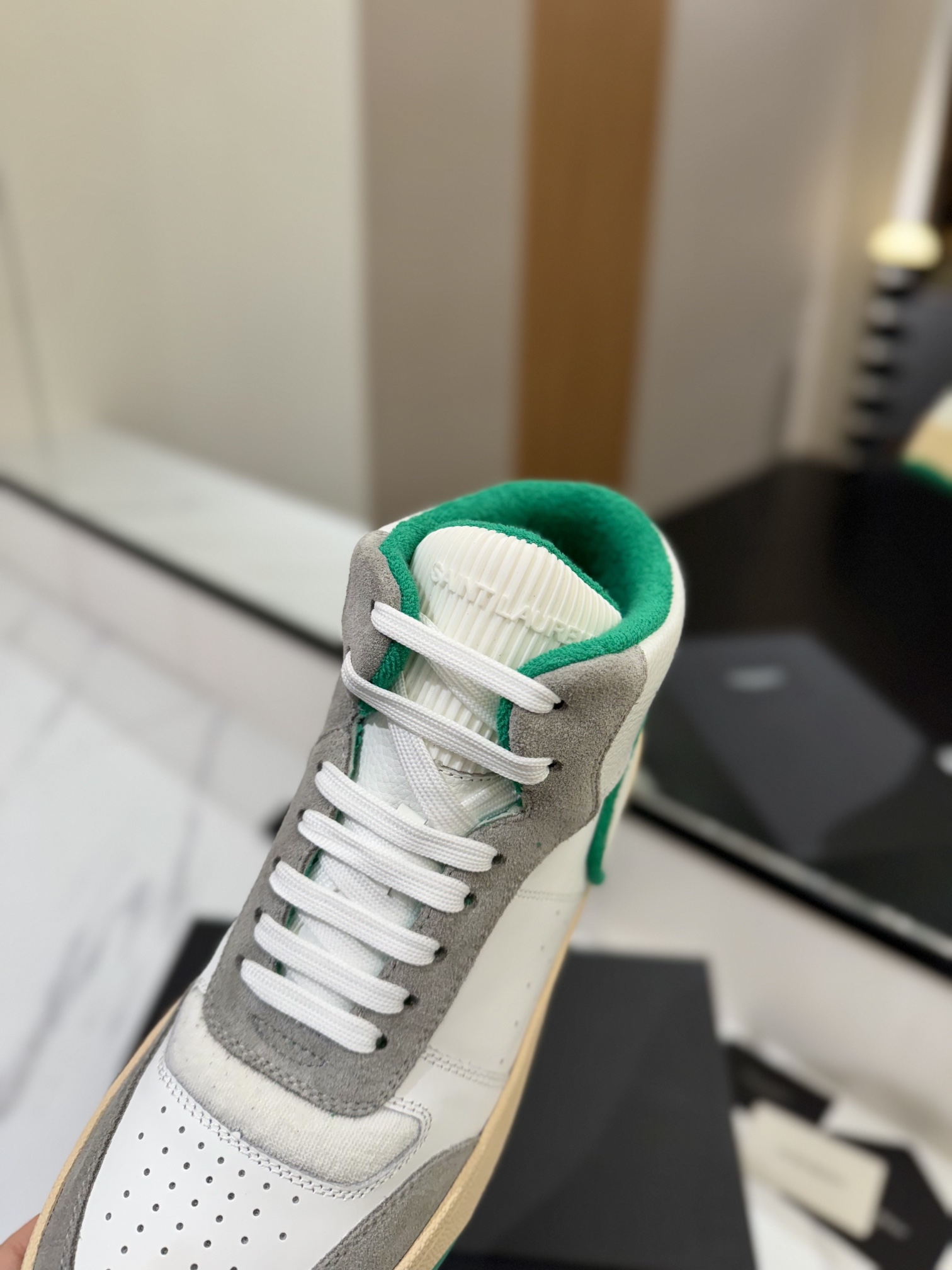 YSL SL61 Leather High-Top Sneakers White/Green
