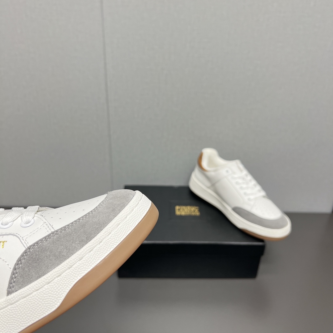 YSL SL/61 Low-Top Leather Sneakers White/Grey/Tan
