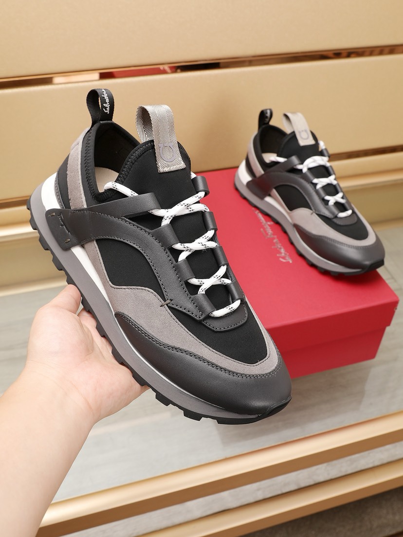 Ferragamo Leather Sport Runner Sneakers Black/Gray