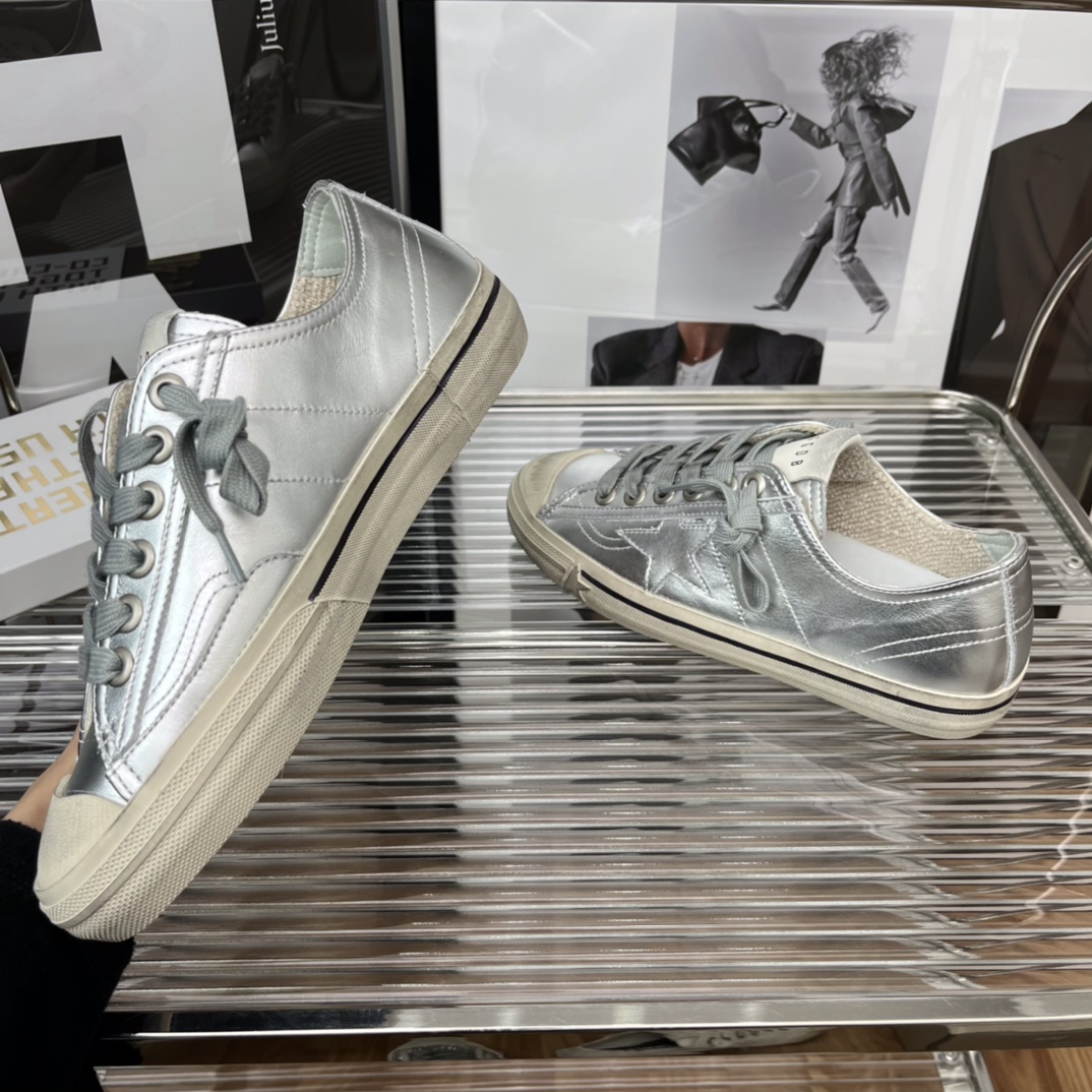 Golden Goose V-Star2 Distressed Sneakers Silver