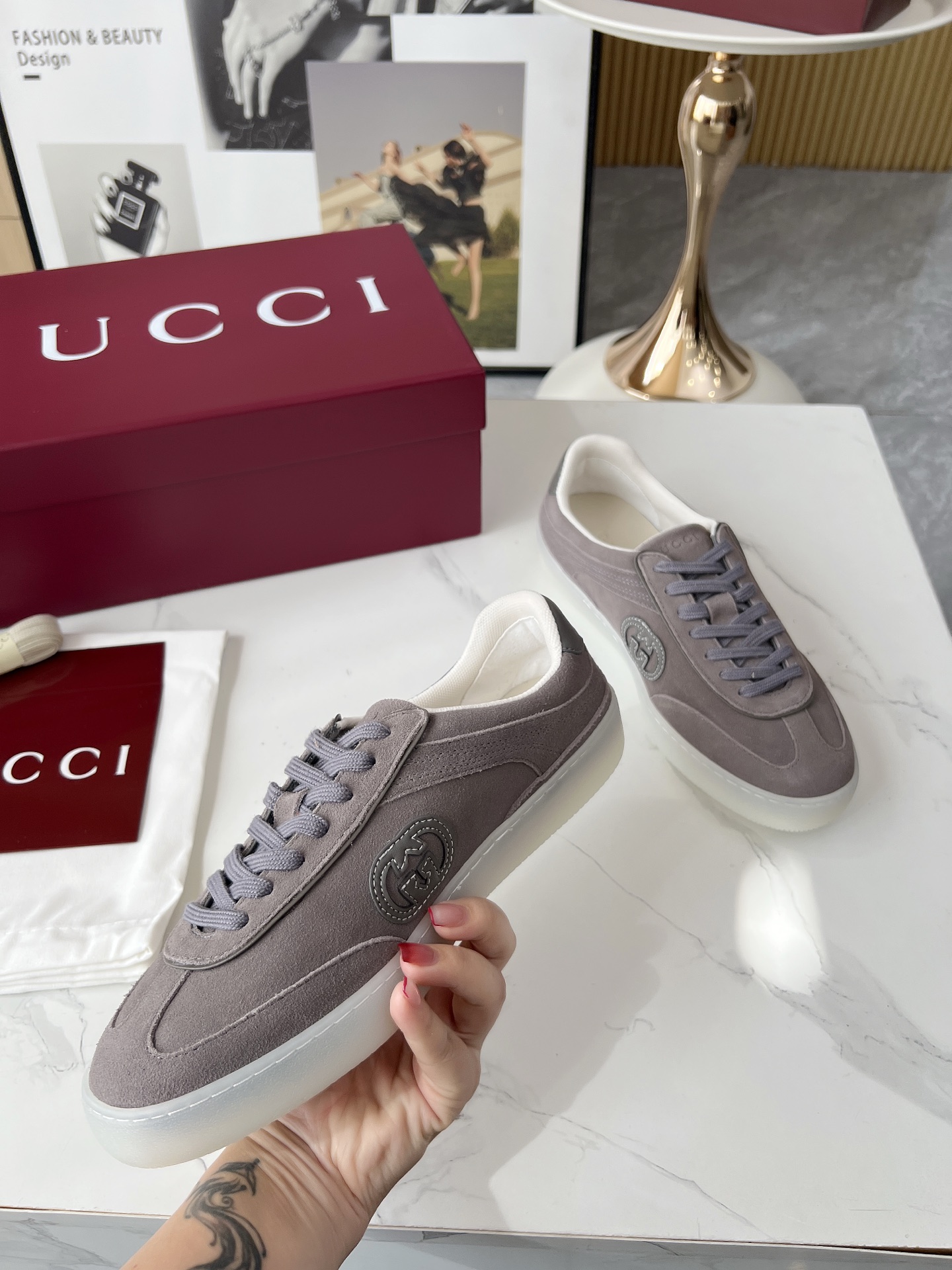 Gucci GG Suede Trainer Sneakers Gray