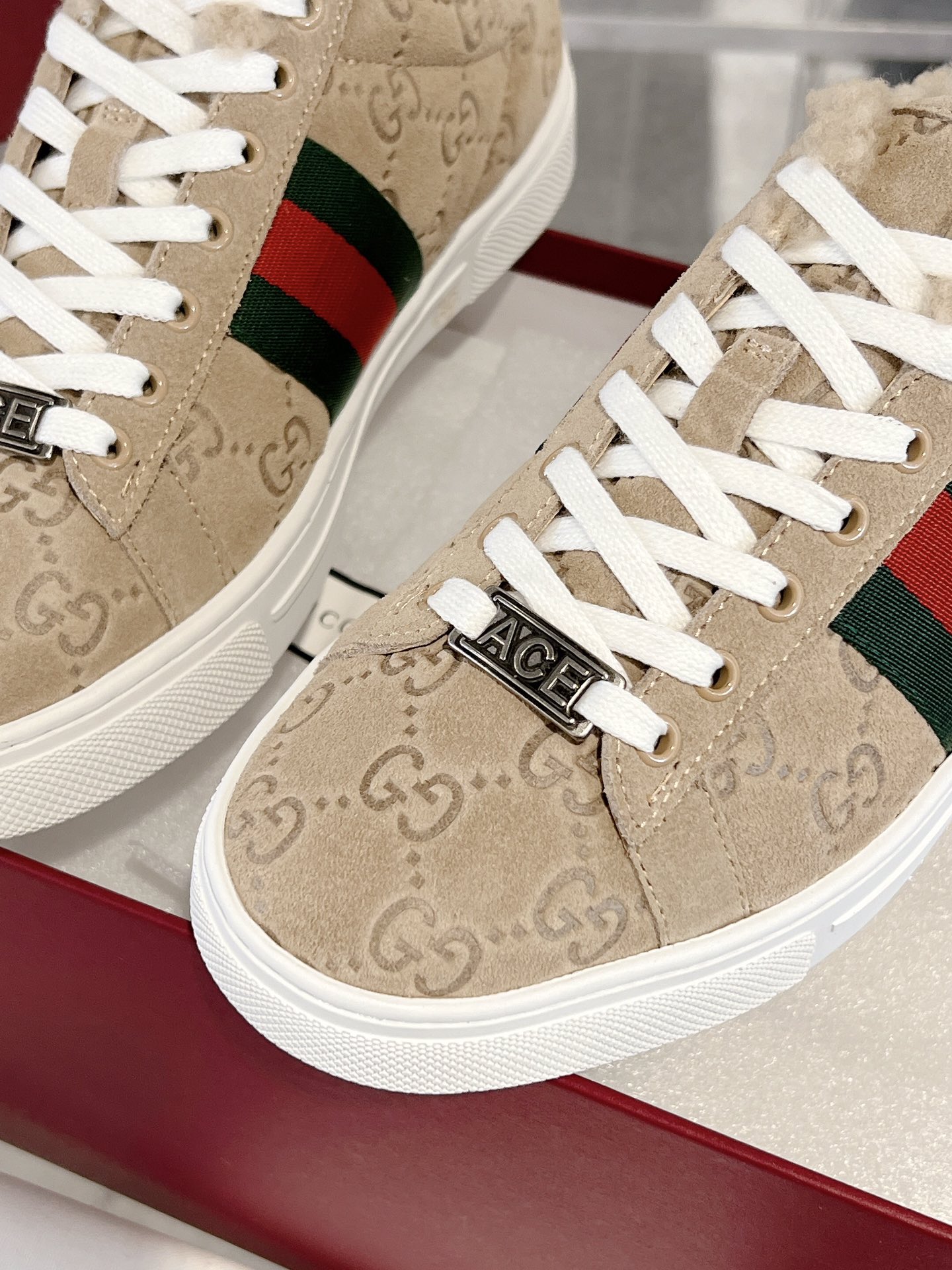 Gucci Ace GG Suede Shearling Sneakers Beige