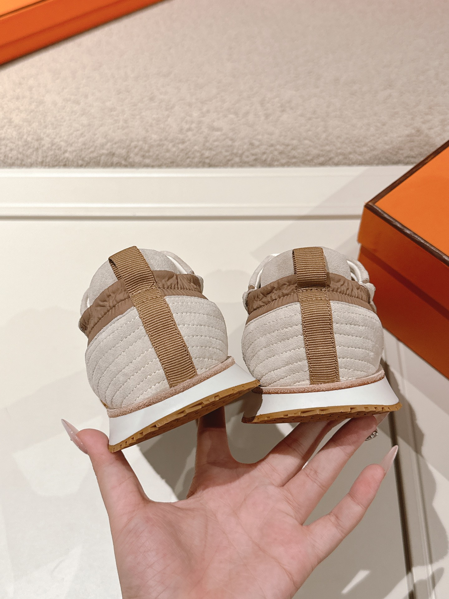 Hermes H Suede Sport Sneakers Tan/White