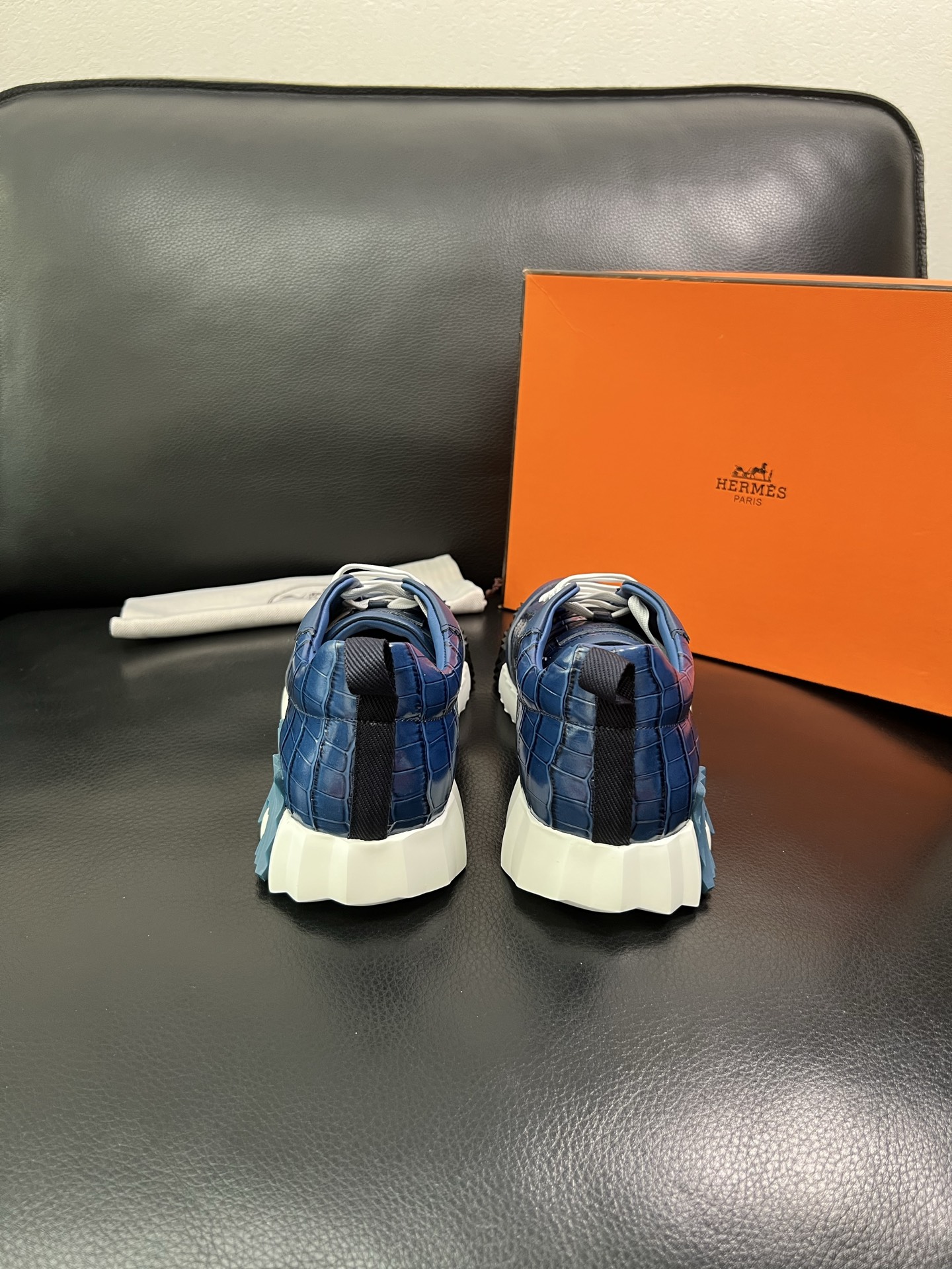 Hermes Croc-Embossed Leather Sneakers Blue