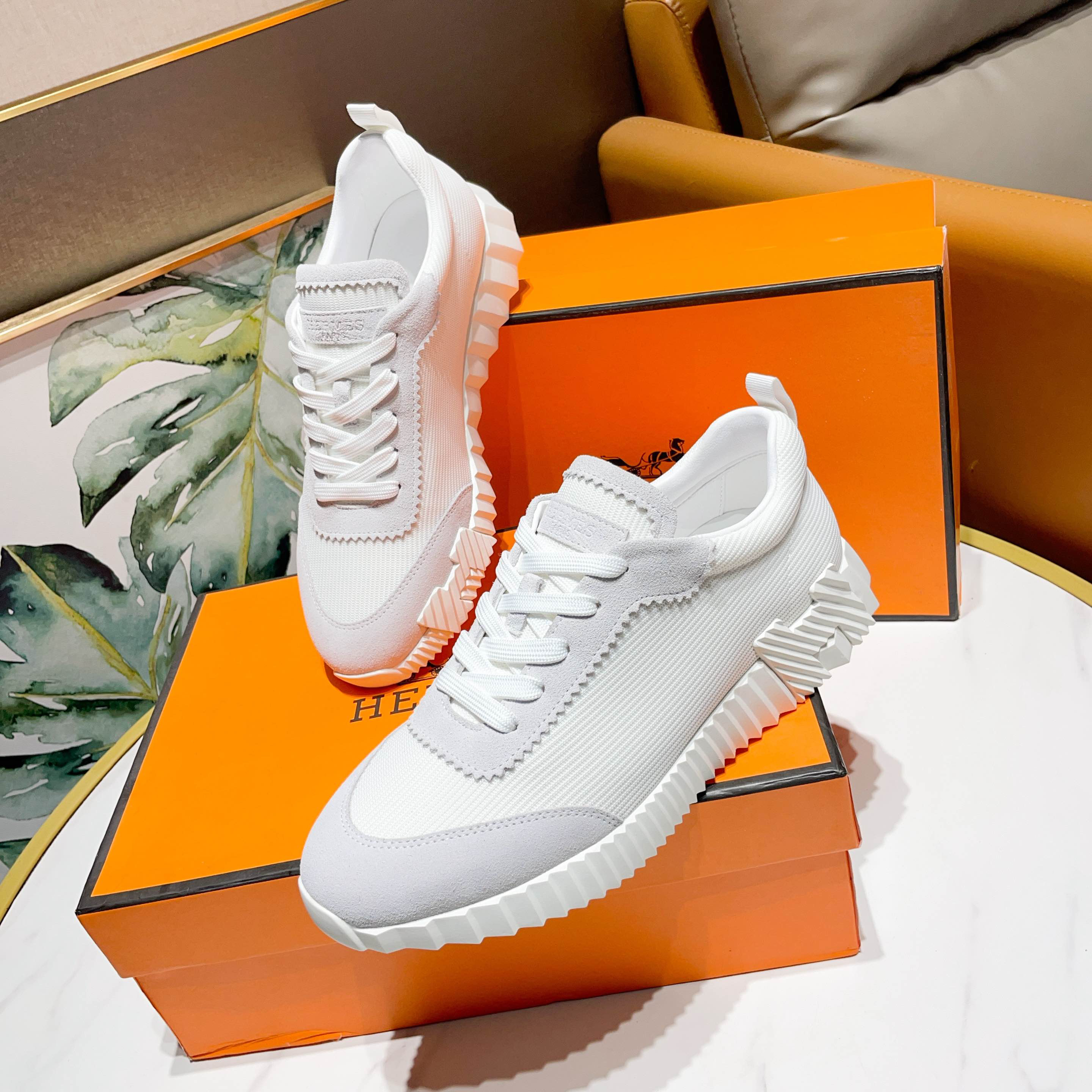 Hermes H Logo Canvas Sneaker White