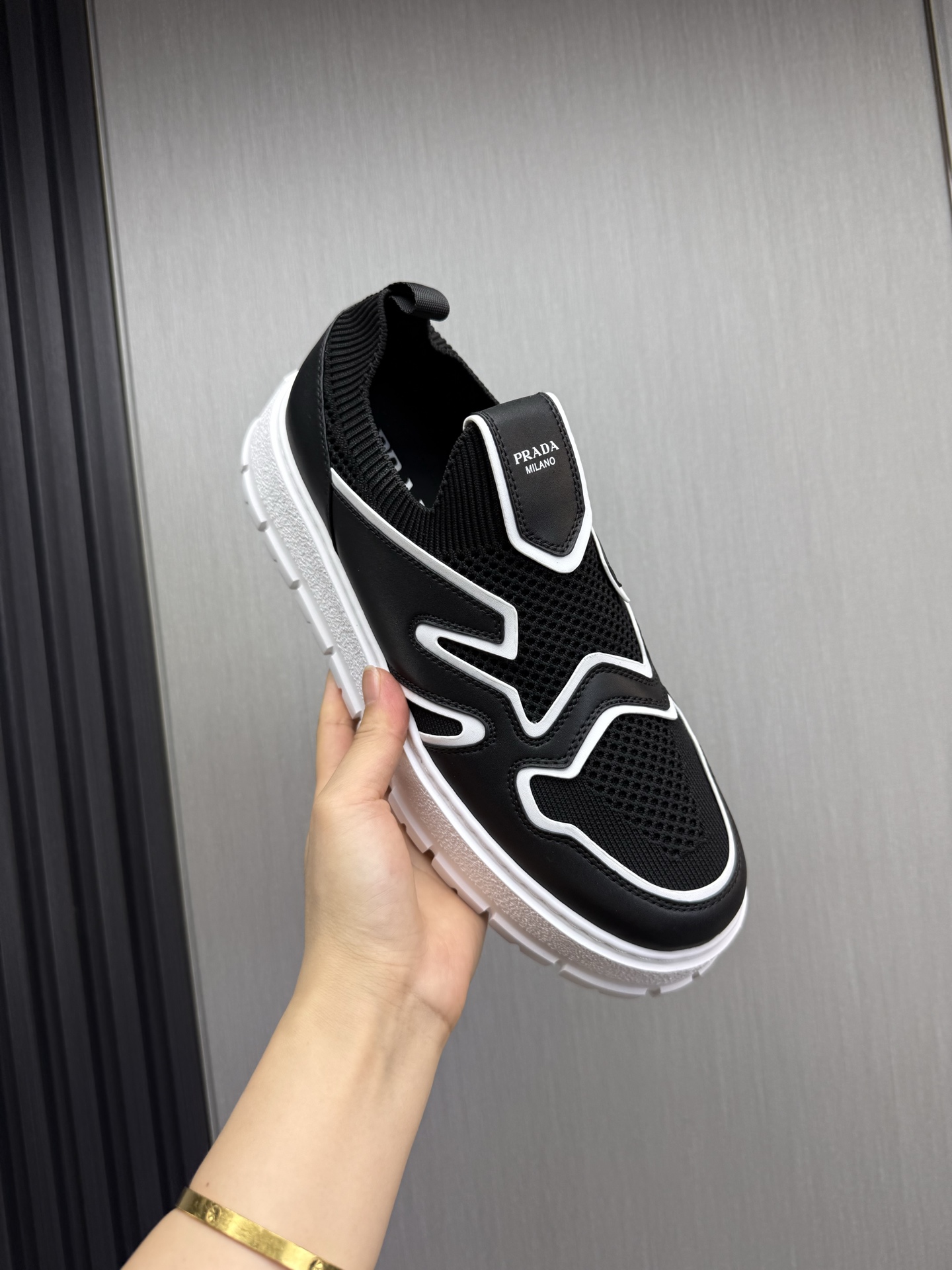 Prada Milano Mesh Slip-On Sneakers Black/White