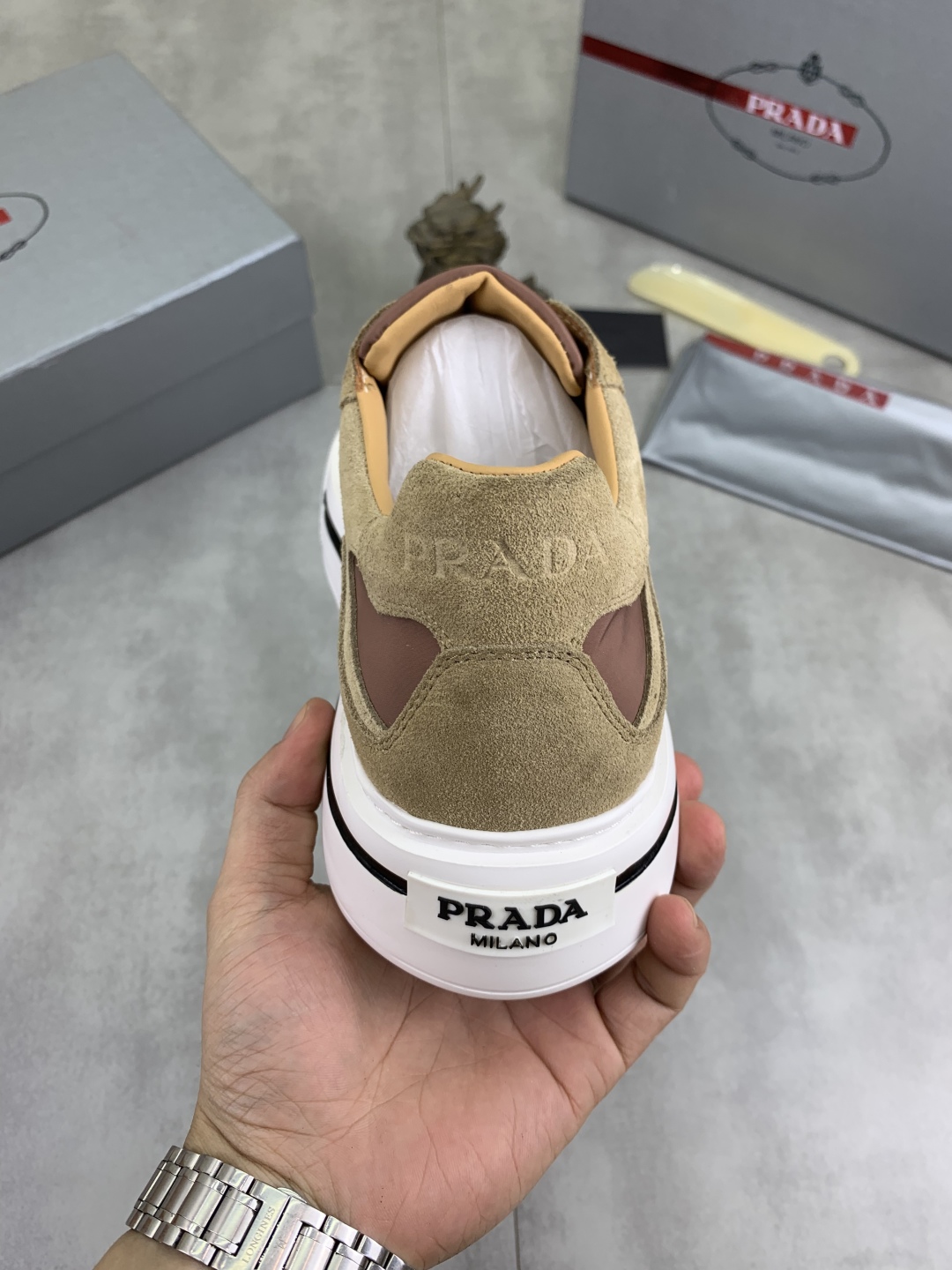 Prada Milano Leather Suede Low-Top Sneakers Khaki Brown