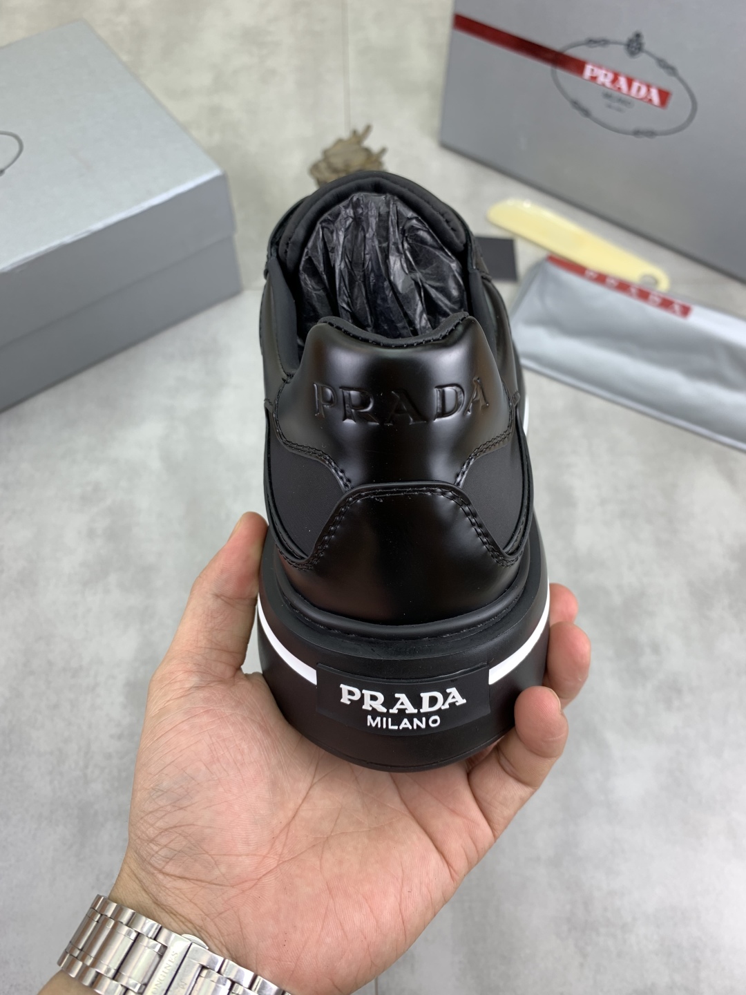 Prada Milano Leather Platform Sneakers Black